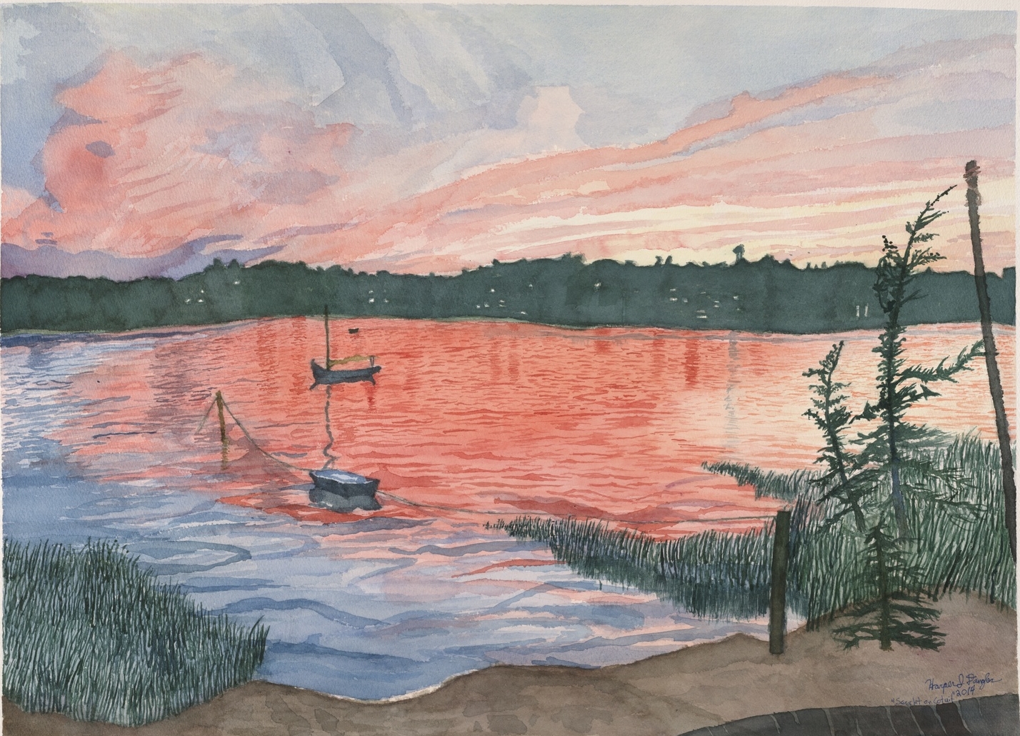 Scarlet over Cotuit Bay, 22.5" by 30", watercolor on paper