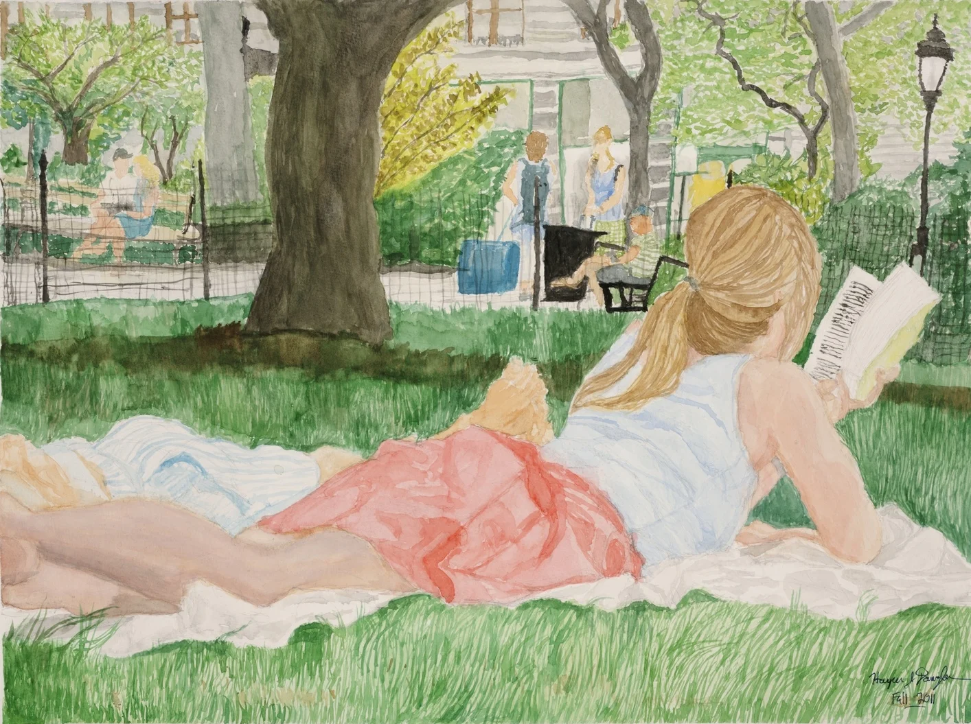 Summer Reading in Madison Sq Park, 18" by 24", watercolor on paper