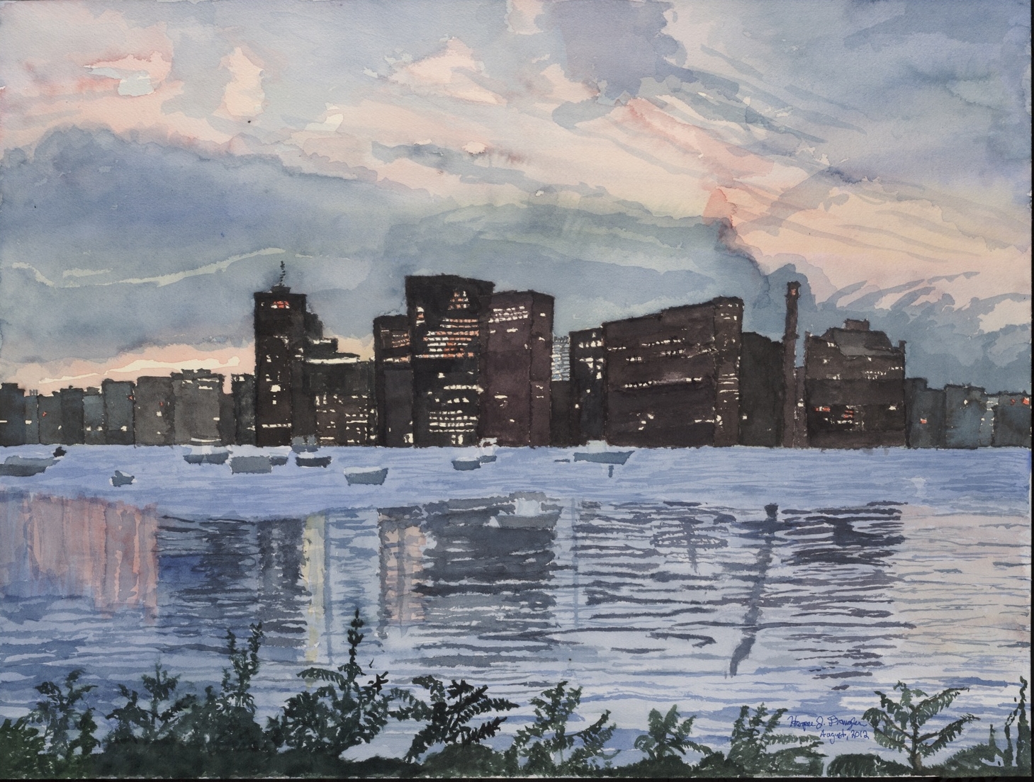 Sunset over the Charles River, 18" by 24", watercolor on paper
