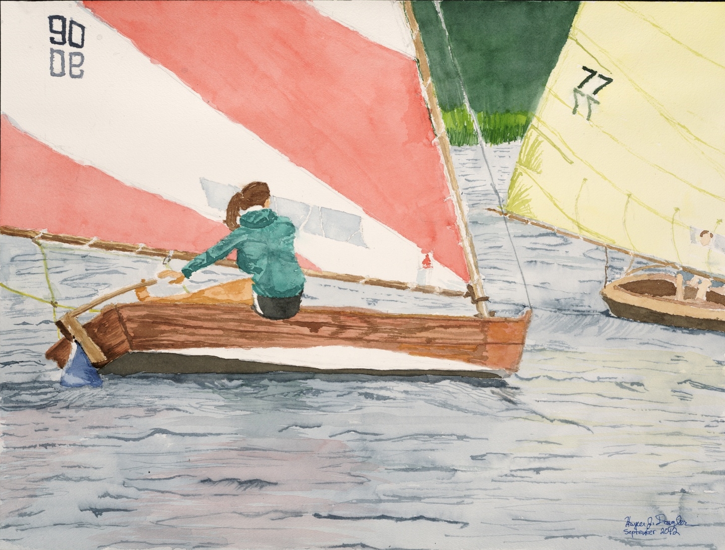 Girl Racing on Cotuit Bay, 18" by 24", watercolor on paper