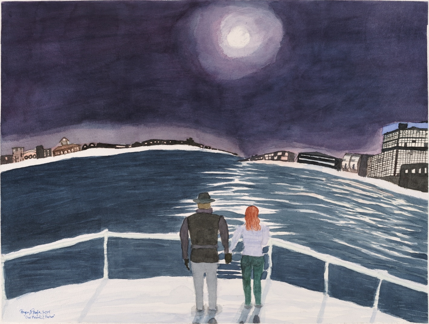 Our Moonlit Harbor, 22.5" by 30", watercolor on paper