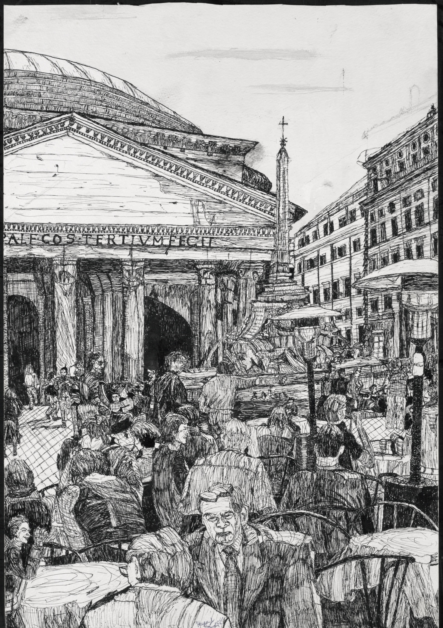 Café outside the Pantheon, 15” by 21.7”, Pen and ink on paper