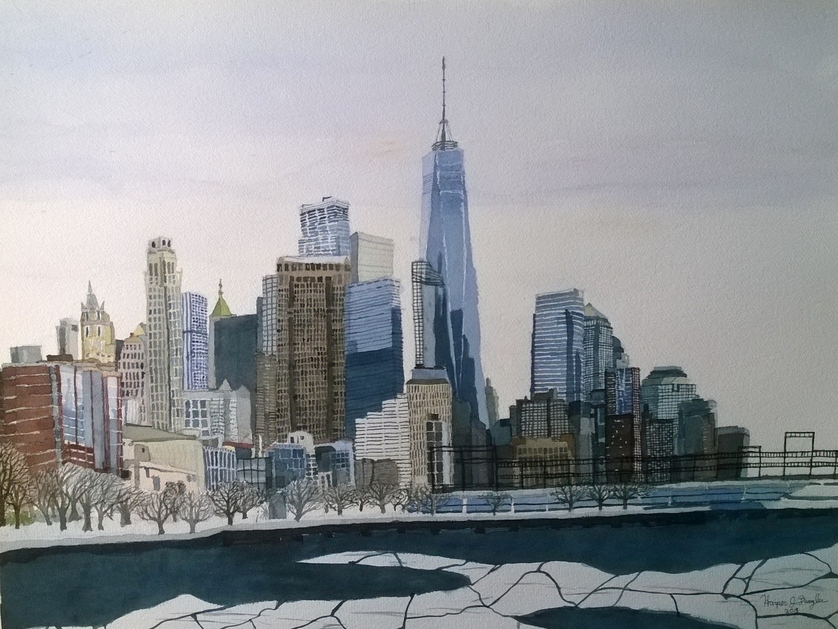 Lower Manhattan on Hudson in Winter