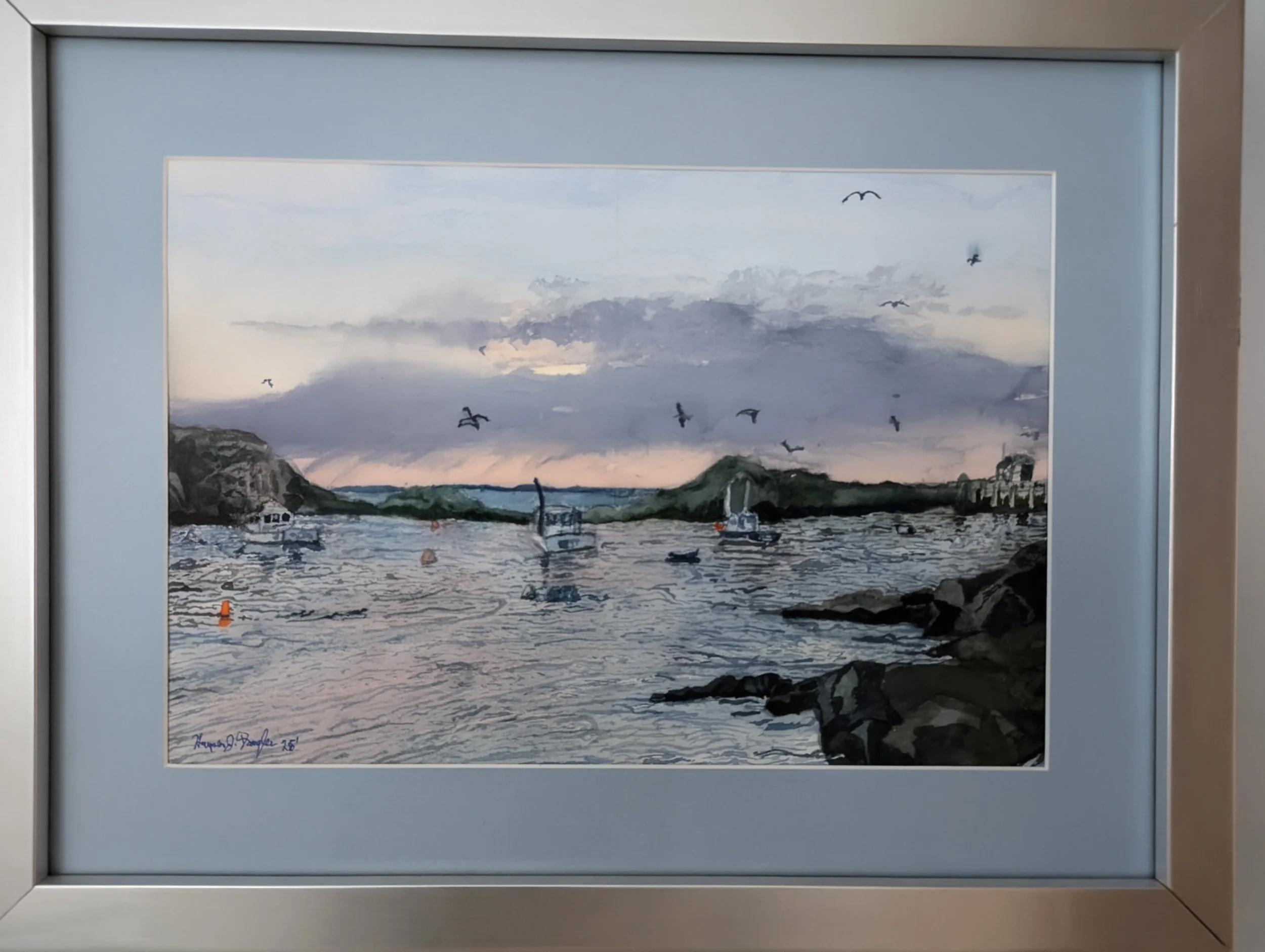 Monhegan Harbor Sunset framed painting.jpg