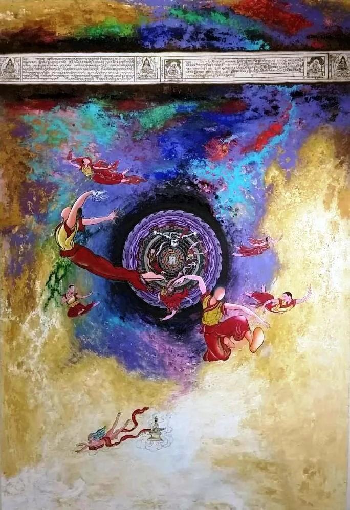 Tashi Norbu Time travellers, 2015 pigment, acrylics and collage on canvas 122 x 180 cm