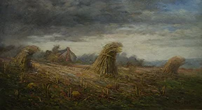 Karl Kappes, Approaching Storm: Corn Shocks , c. 1920s, oil on canvas, Friends of Art Purchase, 1990.15578.