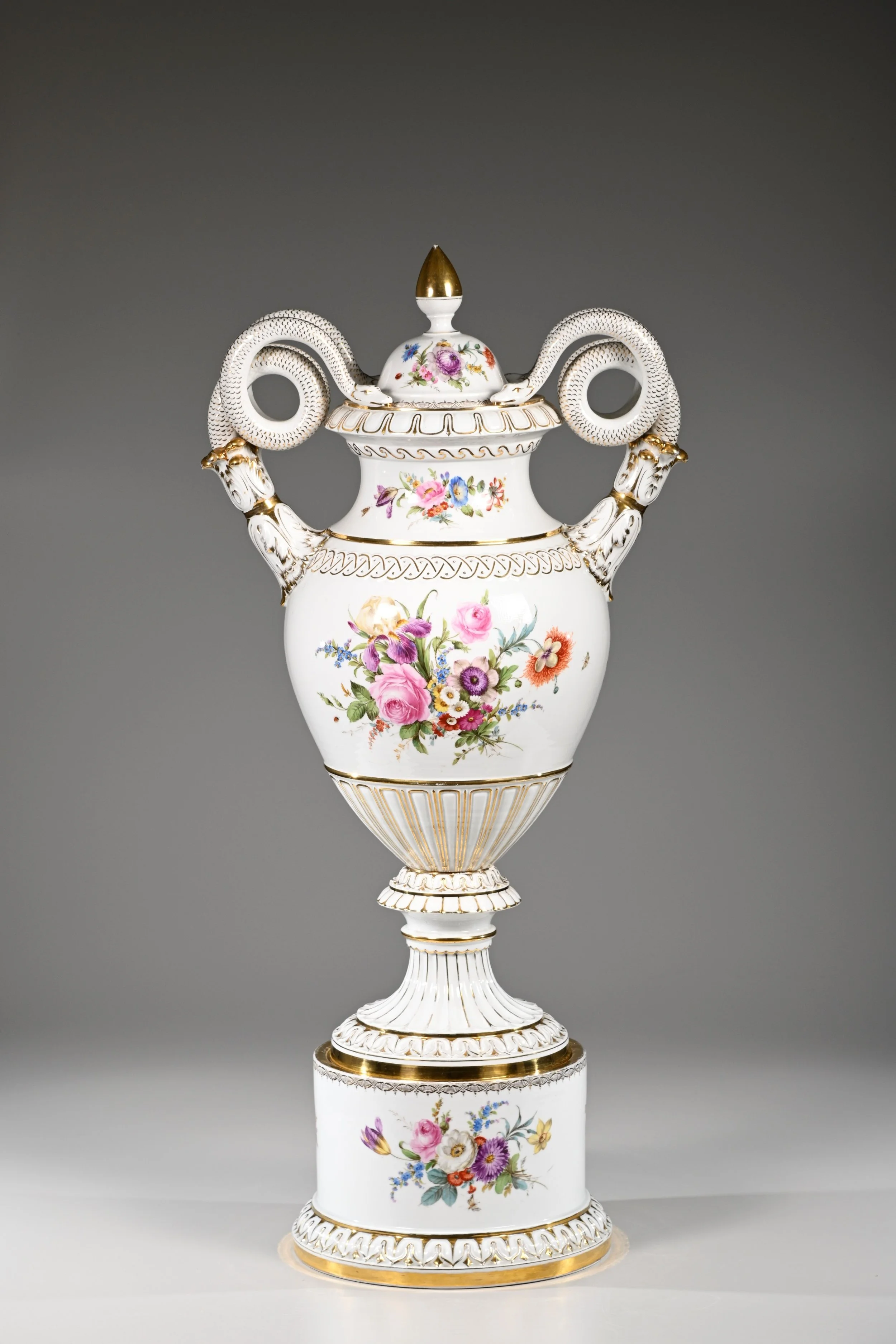 ZMA Puzzler! Meissen Urn with Snake Handles and Floral Decorations