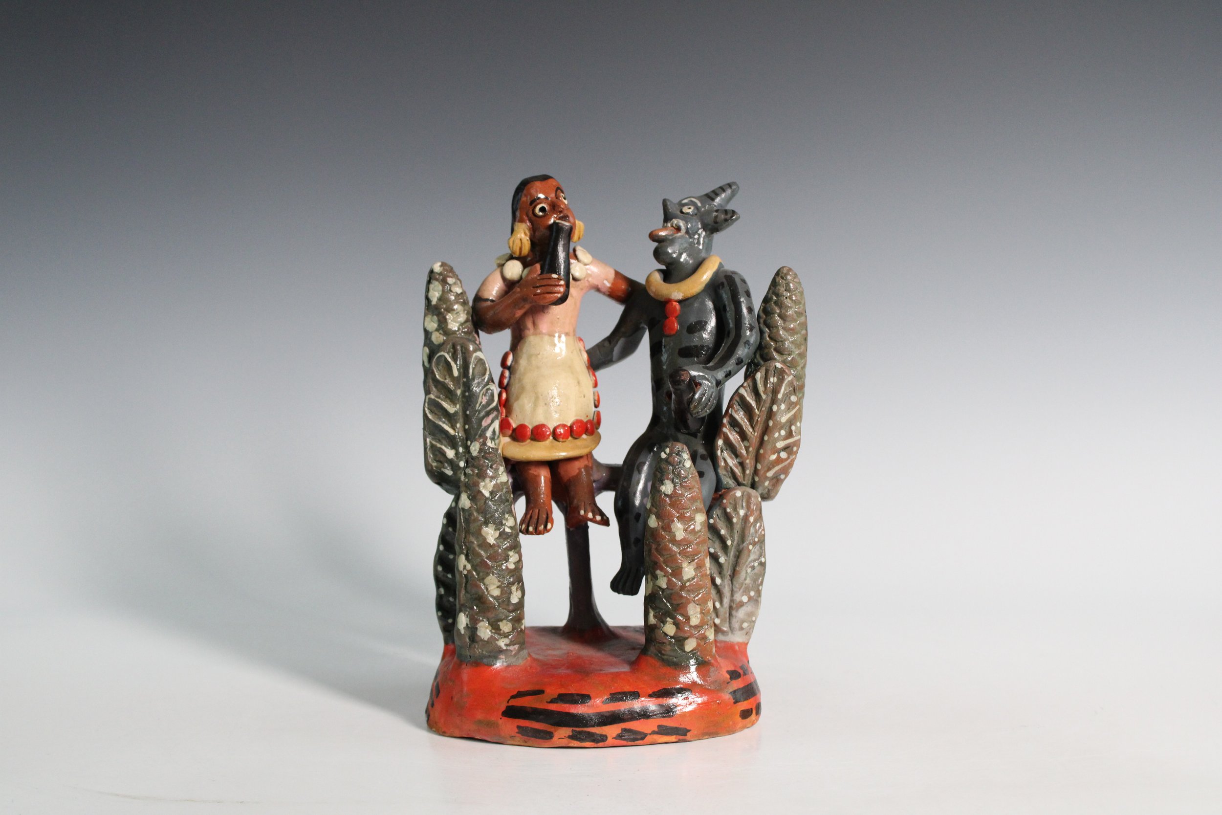 Mexican Folk Art Polychrome Earthenware Sculpture Titled The Pulque Drinkers, Circa 1980