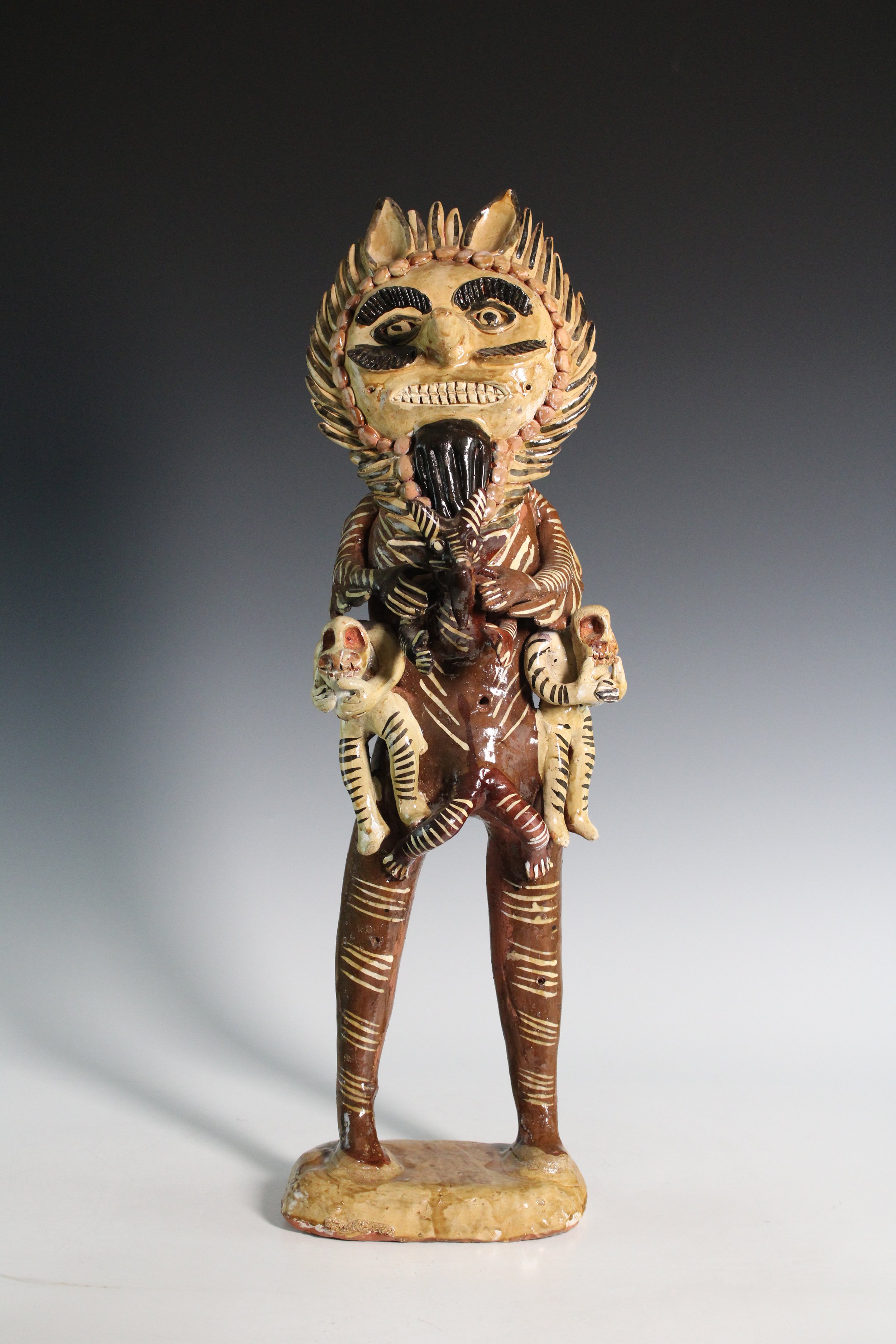 Mexican Folk Art Polychrome Earthenware Figurine Featuring the Devil and the Dead, Mid-20th Century