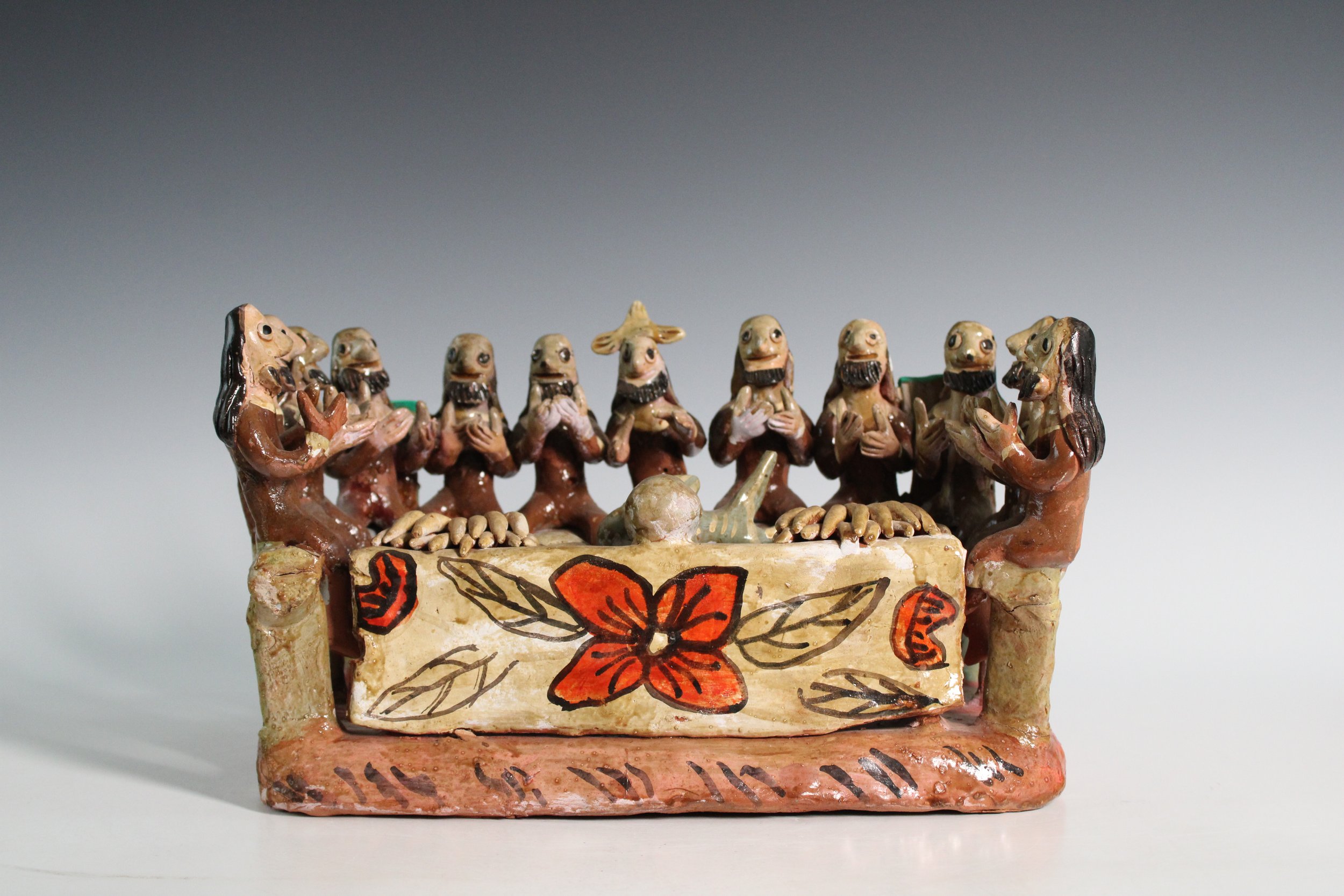 Mexican Folk Art Polychrome Earthenware Sculpture Depicting the Last Supper, 20th Century