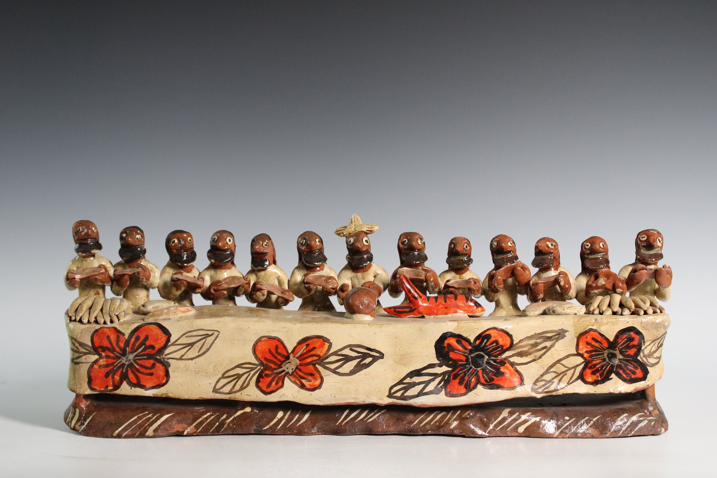 Mexican Folk Art Polychrome Earthenware Sculpture Depicting the Last Supper, Circa 1980