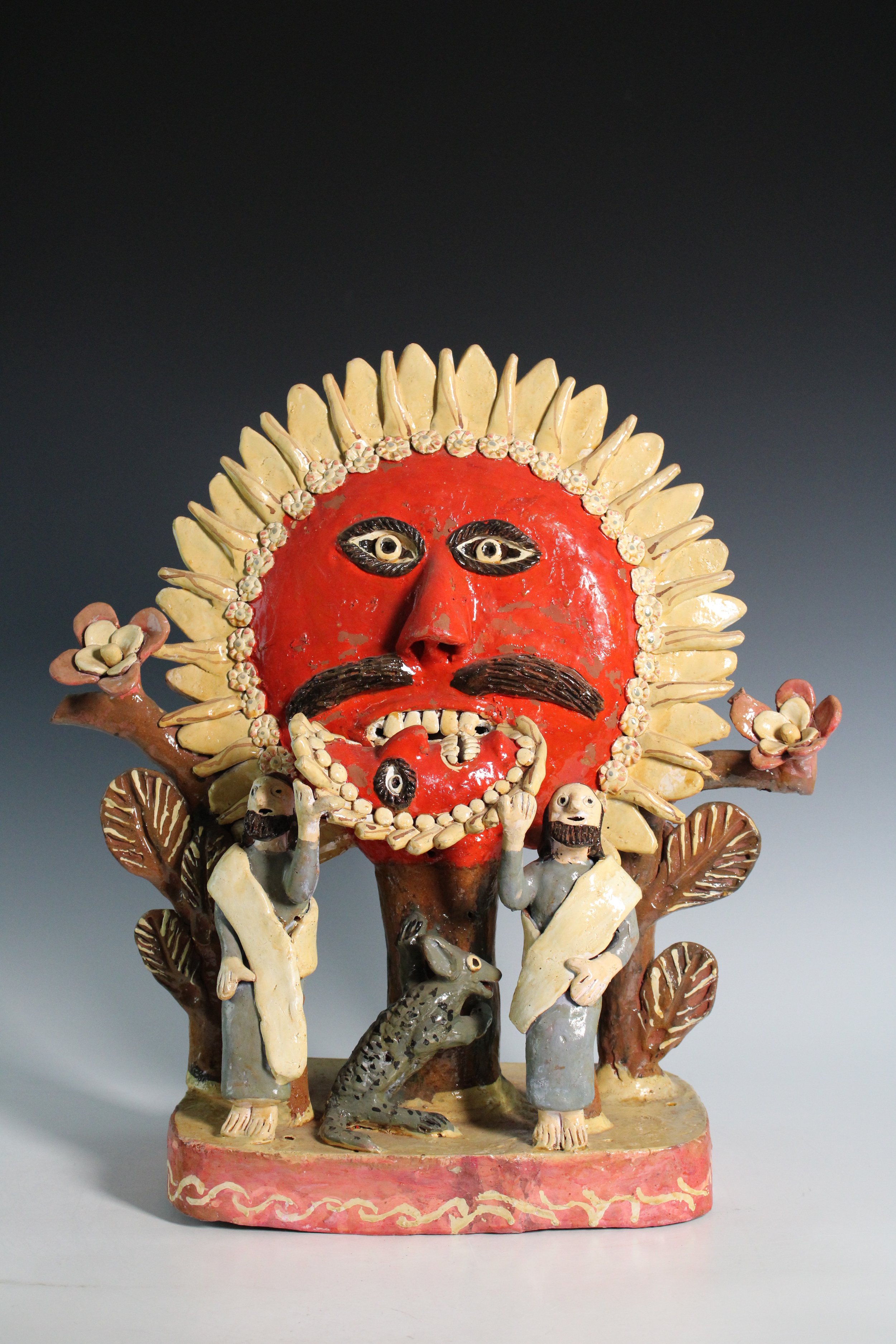 Mexican Folk Art Polychrome Earthenware Sculpture Featuring the Sun, Moon, Flowers, Priests, and a Tuza or Mole, 20th Century