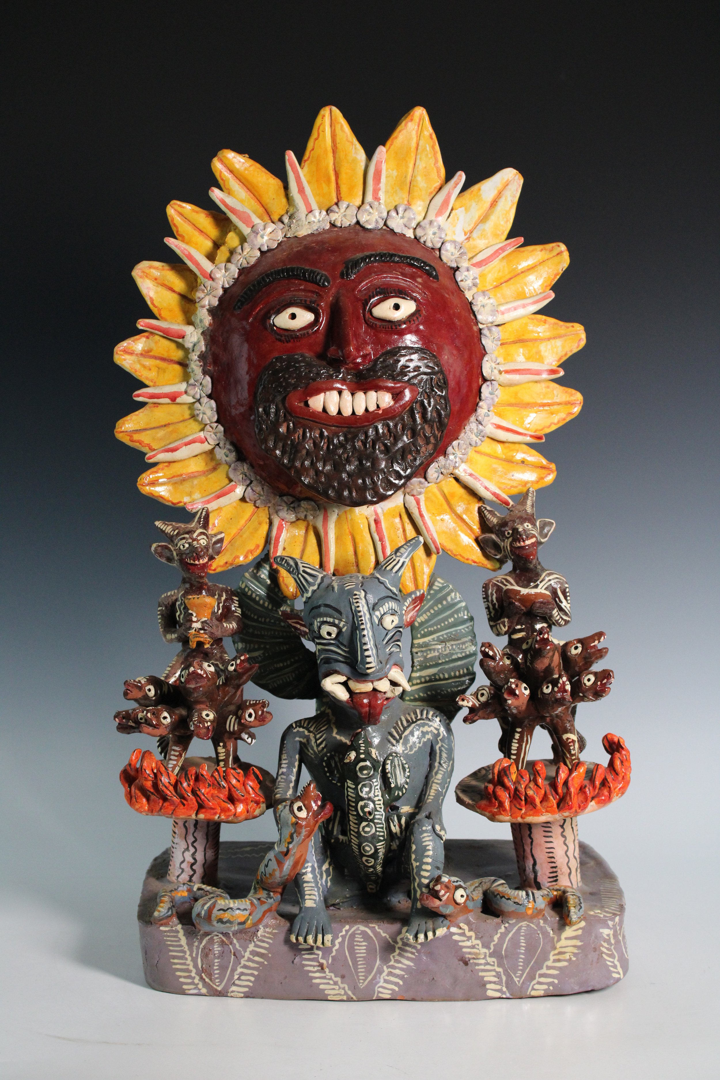 Mexican Folk Art Earthenware Sculpture Featuring the Sun, Demons, Tuzas or Moles and Snakes, 20th Century