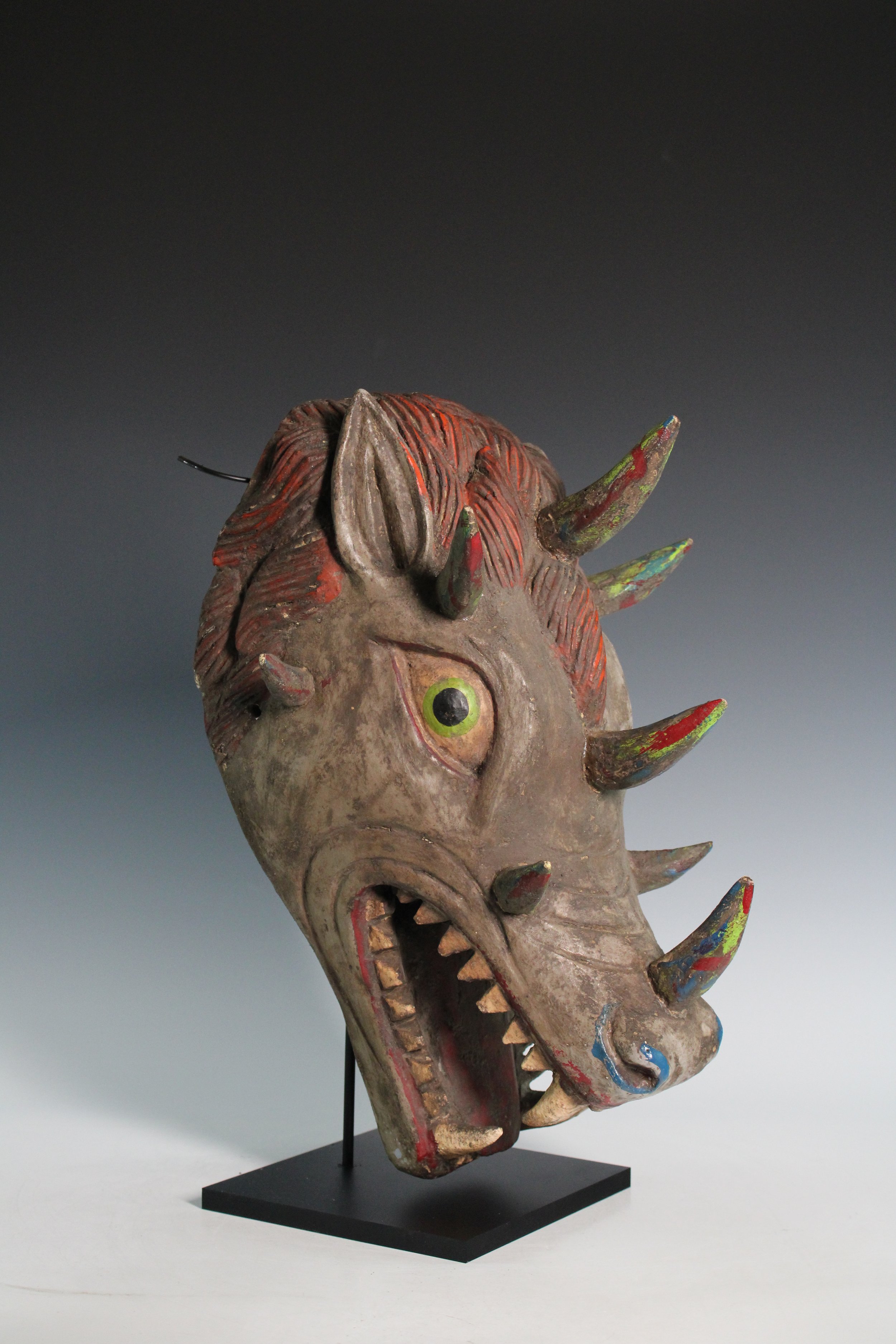 Mexican Folk Art Polychrome Wooden Mask Featuring the Head of a Nine-Horned Dragon
