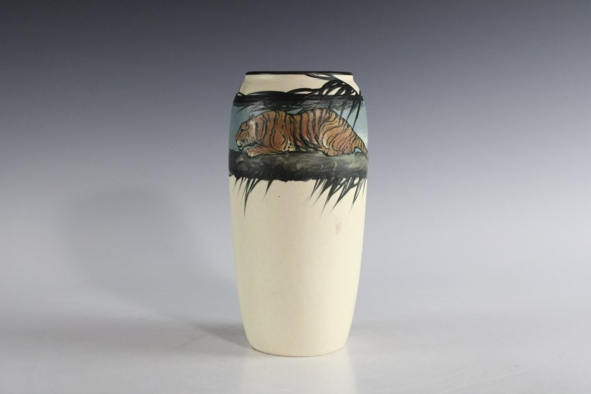 ZMA Puzzler! Weller Hudson (White and Decorated) Vase with an Image of a Tiger