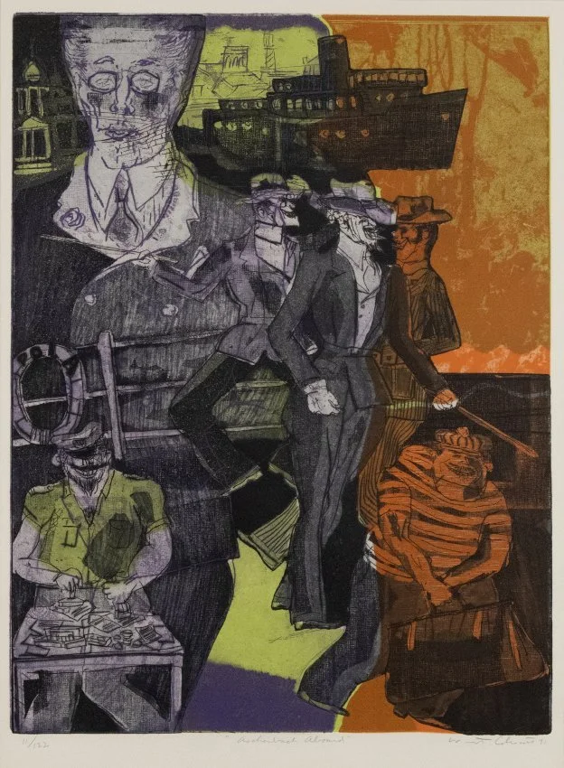 ZMA Puzzler! Aschenbach Abroad, Scene 1 from the "Death in Venice" Portfolio by Warrington Colescott