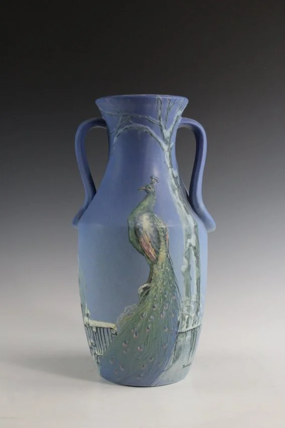 ZMA Puzzler! Hudson (Scenic) Vase Featuring a Peacock in the Snow by the Weller Pottery Company