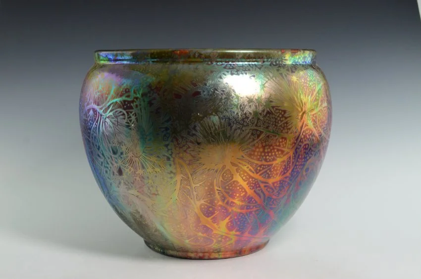 ZMA Puzzler!  Sicardo Jardinière Featuring an Iridescent Glaze and Floral Decorations by the Weller Pottery Company