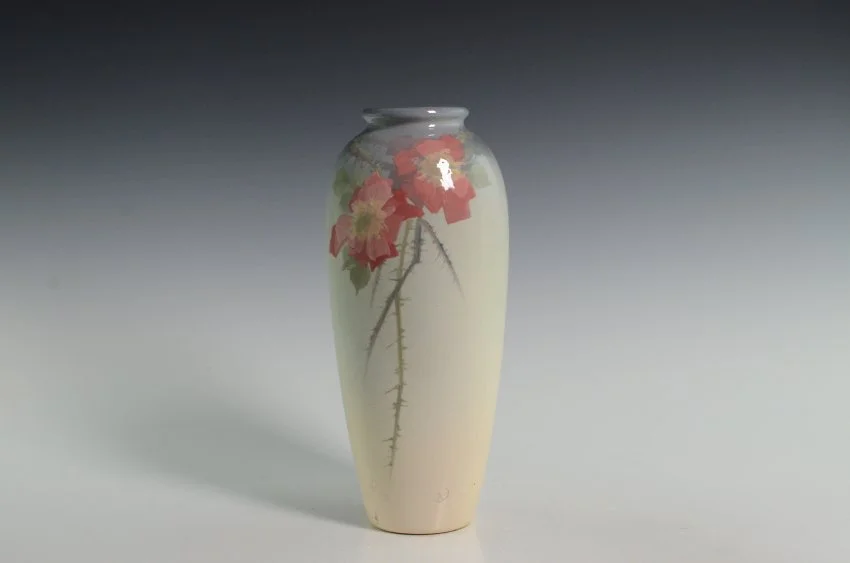 ZMA Puzzler! Eocean Vase in Blue and White with Red Flowers by the Weller Pottery Company