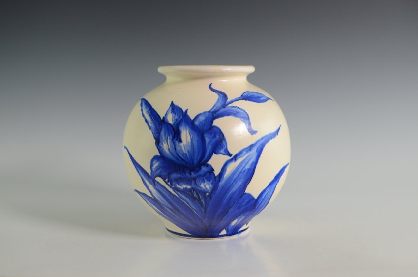 ZMA Puzzler! DeDonatis Ware Vase in White Featuring Blue Flowers and Leaves by the Weller Pottery Company