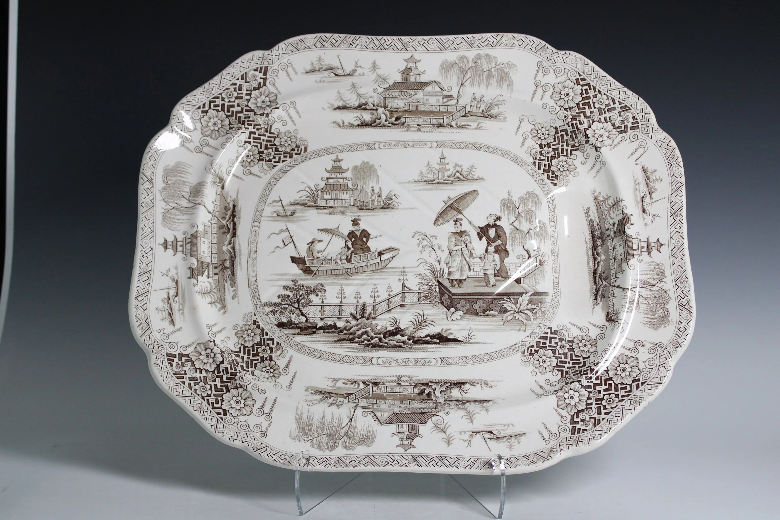 ZMA Puzzler! English Chinoiserie Transferware Platter with a Drip Well Featuring an Asian Motif by an unknown Staffordshire Pottery