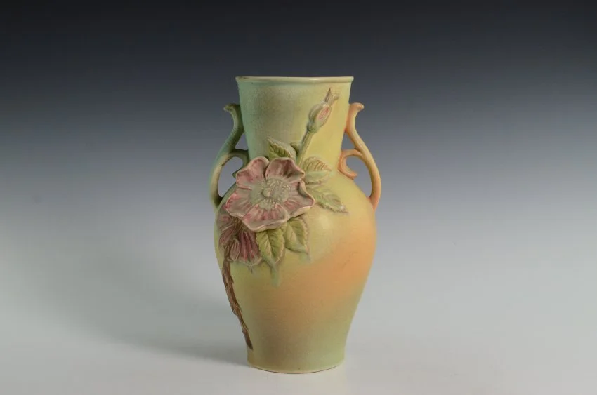 ZMA Puzzler!  Rosemont II Vase with a Glaze Variation and Modeled Roses by the Weller Pottery Company. 