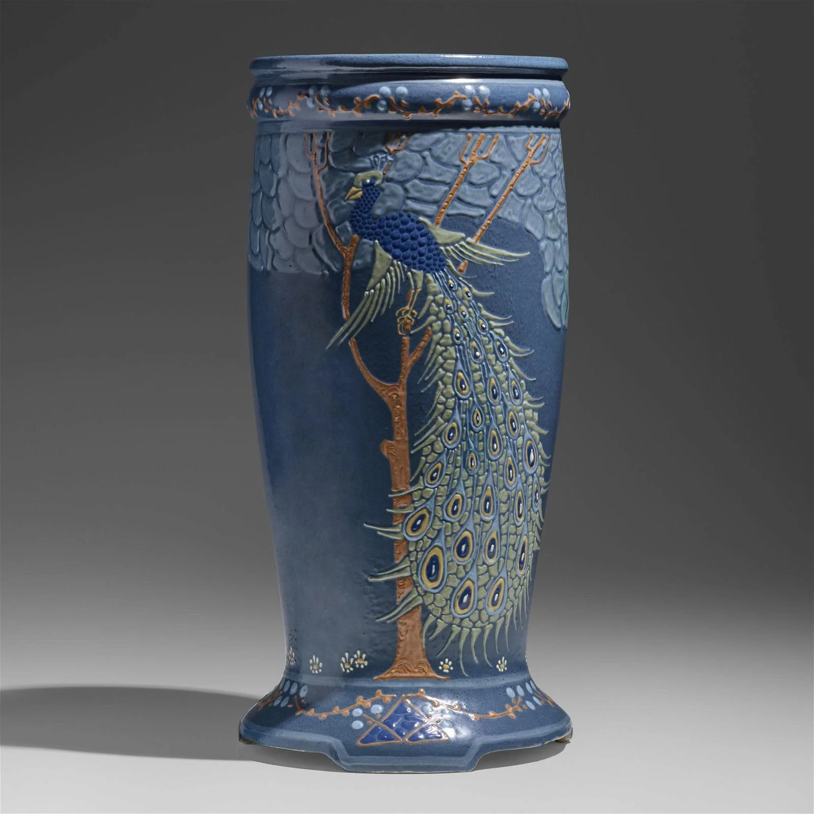 ZMA Puzzler! : Decorated Matt Line Umbrella Stand Featuring a Peacock by the Roseville Pottery Company. 
