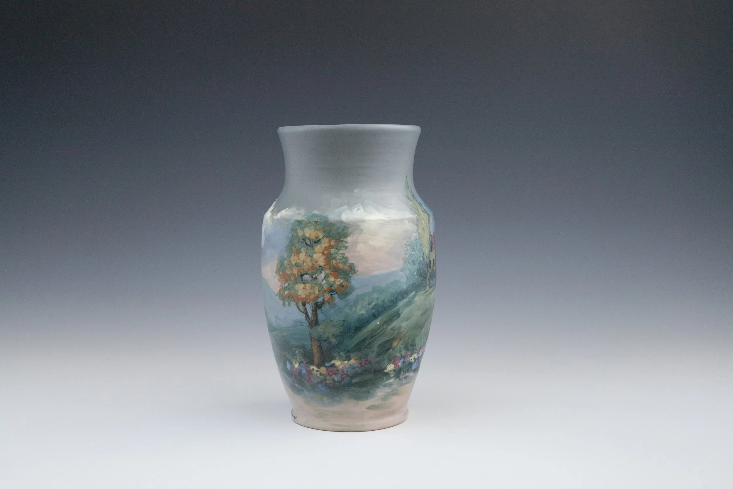 Weller Pottery Company, Hudson (Numbered Scenics) Line Vase #20 Featuring a House in a Landscape, decorated by Hester W. Pillsbury (1862-1951), late 1920s, earthenware.