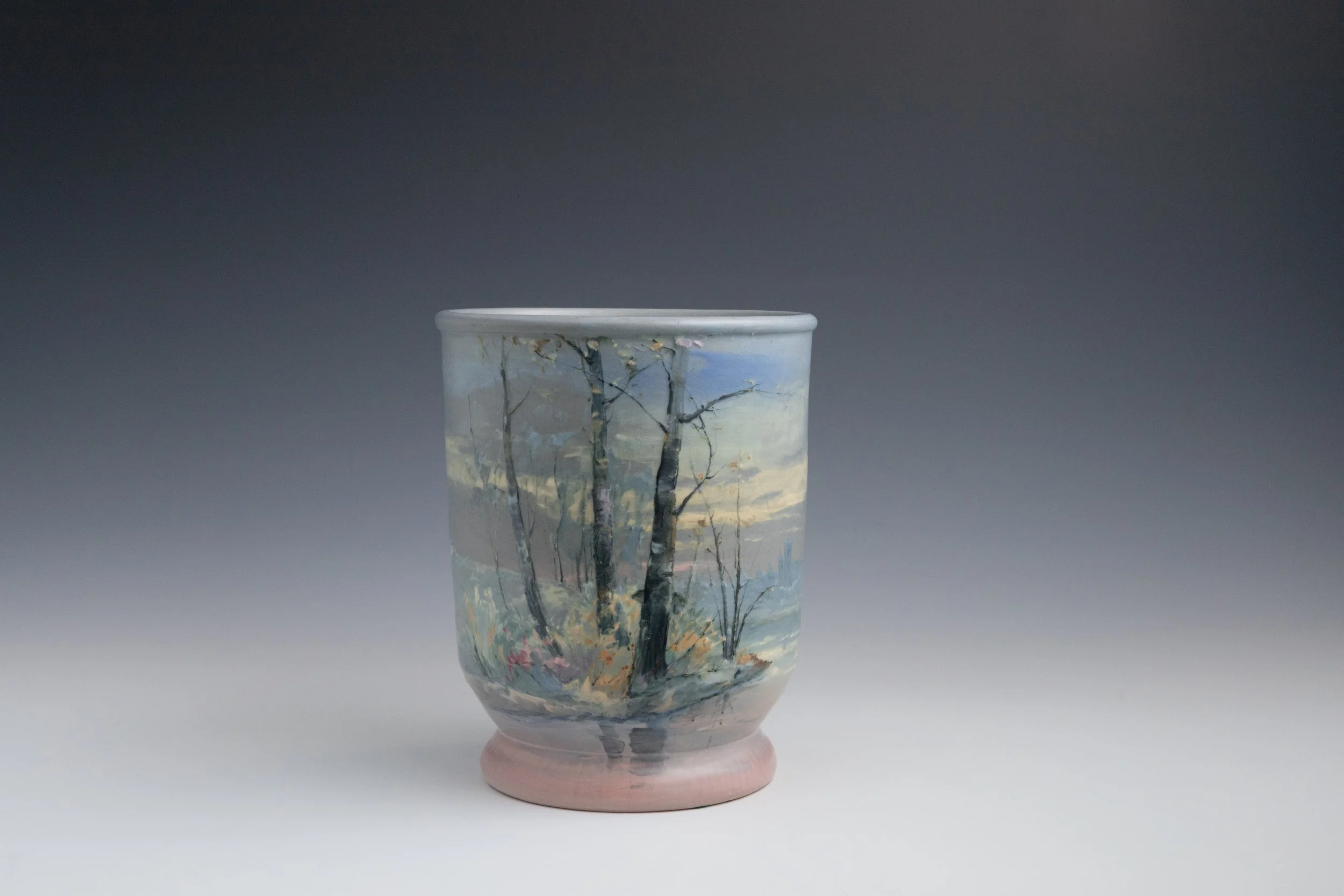 Weller Pottery Company, Hudson (Numbered Scenics) Line Vase #13 Featuring the Hudson River and the New York Skyline in Distance, decorated by Mae Timberlake (1870-?), late 1920s, earthenware.