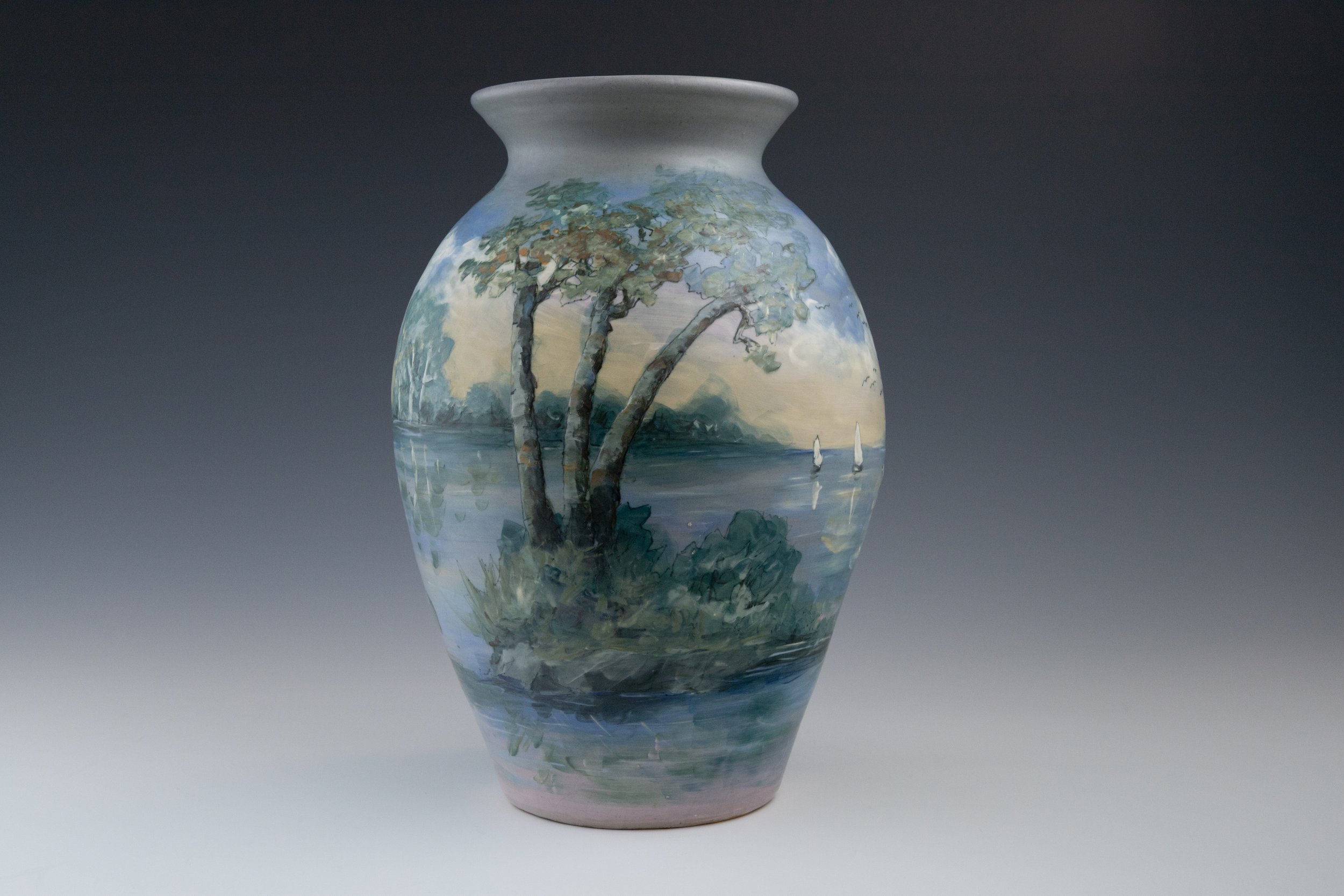 Weller Pottery Company, Hudson (Numbered Scenics) Line Vase #4 Featuring a Fall Landscape, decorated by Hester W. Pillsbury (1862-1951), late 1920s, earthenware.