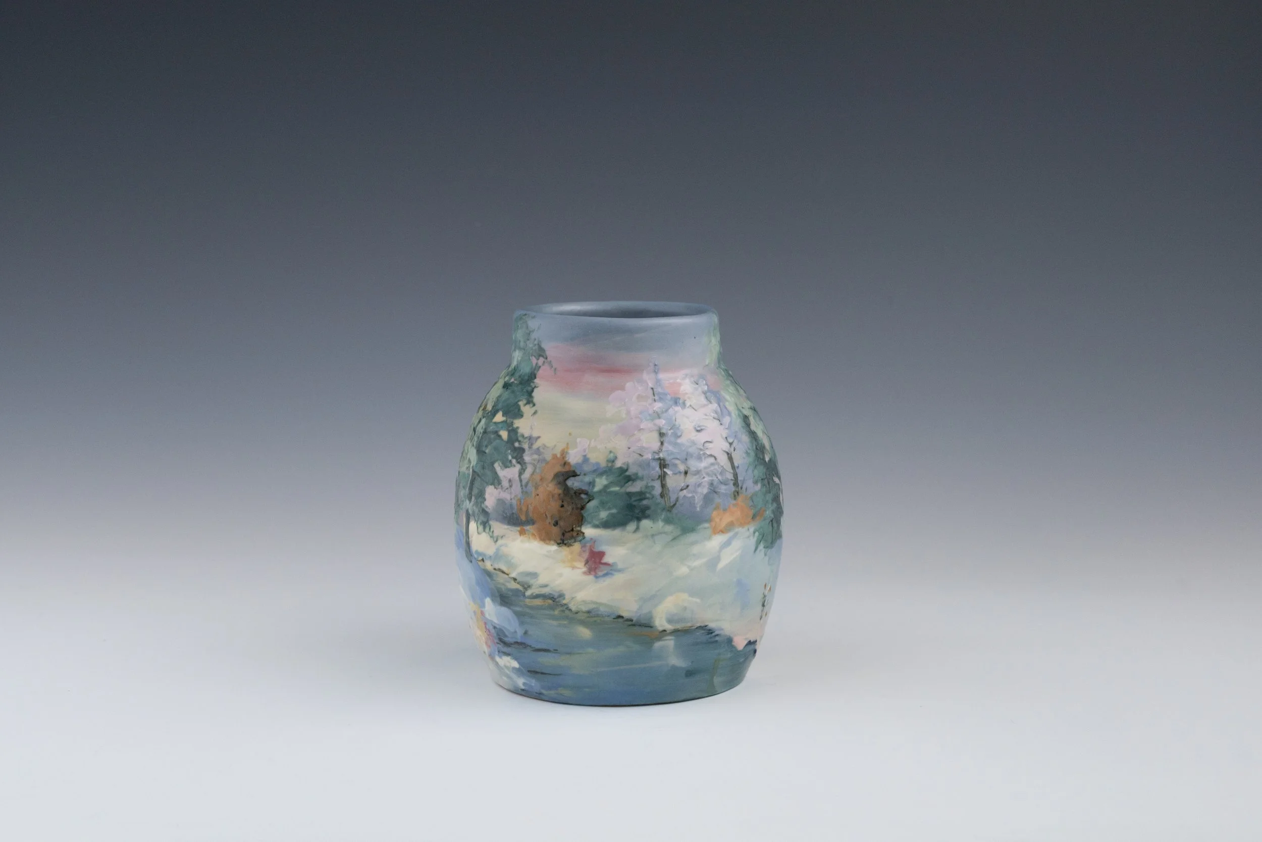 Weller Pottery Company, Hudson (Numbered Scenics) Line Vase #20 Featuring a Colorful Landscape, decorated by Mae Timberlake (1870-?), late 1920s, earthenware.