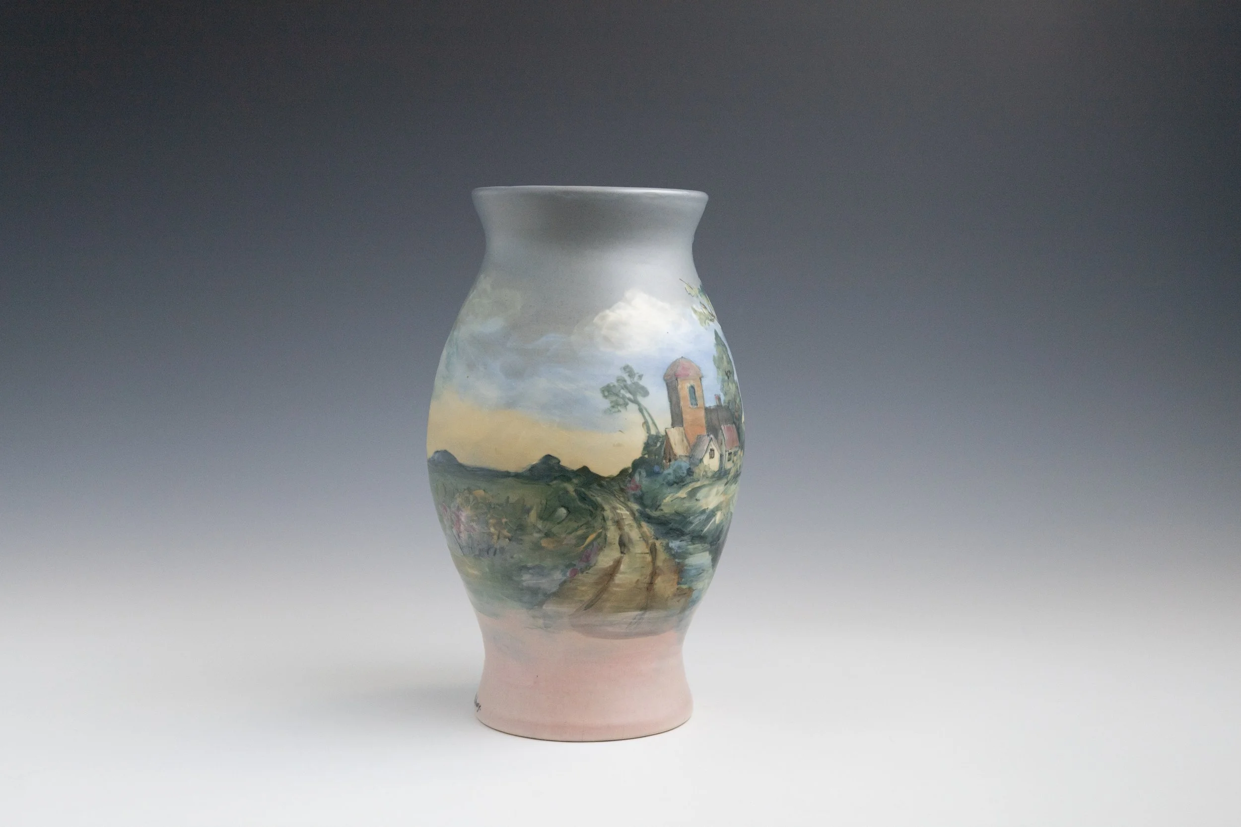 Weller Pottery Company, Hudson (Numbered Scenics) Line Vase #17  Featuring a Farm in the Summer, decorated by Hester W. Pillsbury (1862-1951), late 1920s, earthenware.
