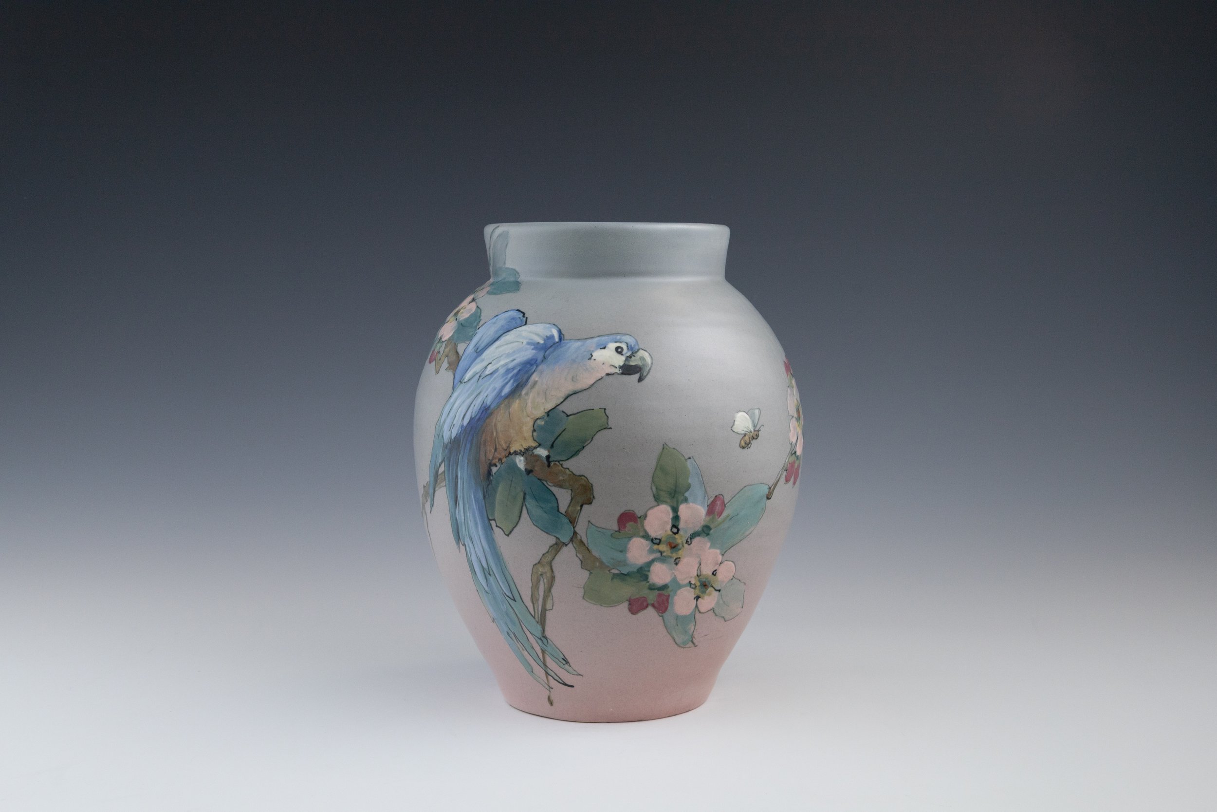 Weller Pottery Company, Hudson (Numbered Scenics) Line Vase #9 Featuring a Parrot, decorated by Hester W. Pillsbury (1862-1951), late 1920s, earthenware.