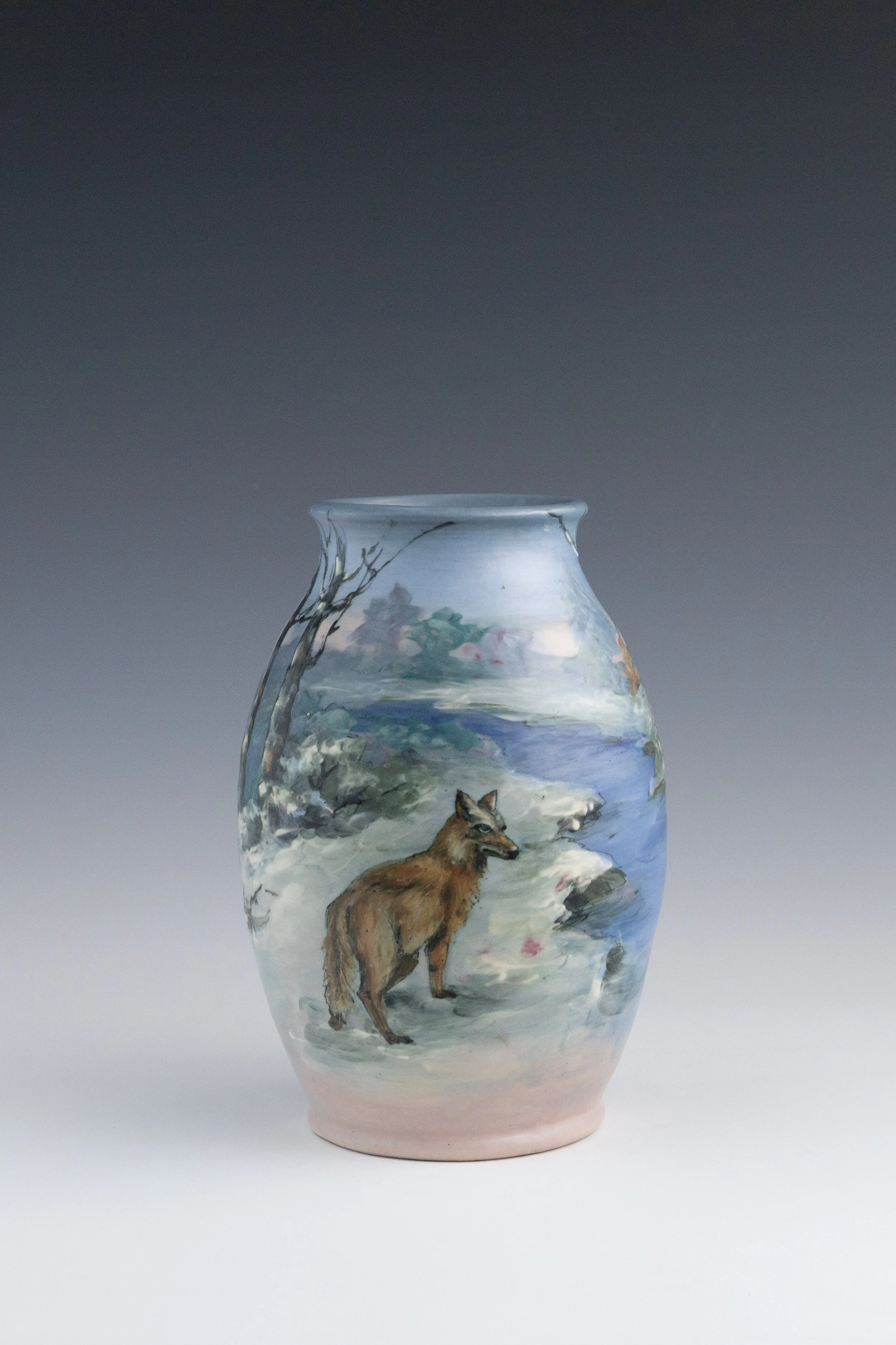 Weller Pottery Company, Hudson (Numbered Scenics) Line Vase #30 Featuring a Fox in a Winter Landscape, decorated by Hester W. Pillsbury (1862-1951), late 1920s, earthenware.