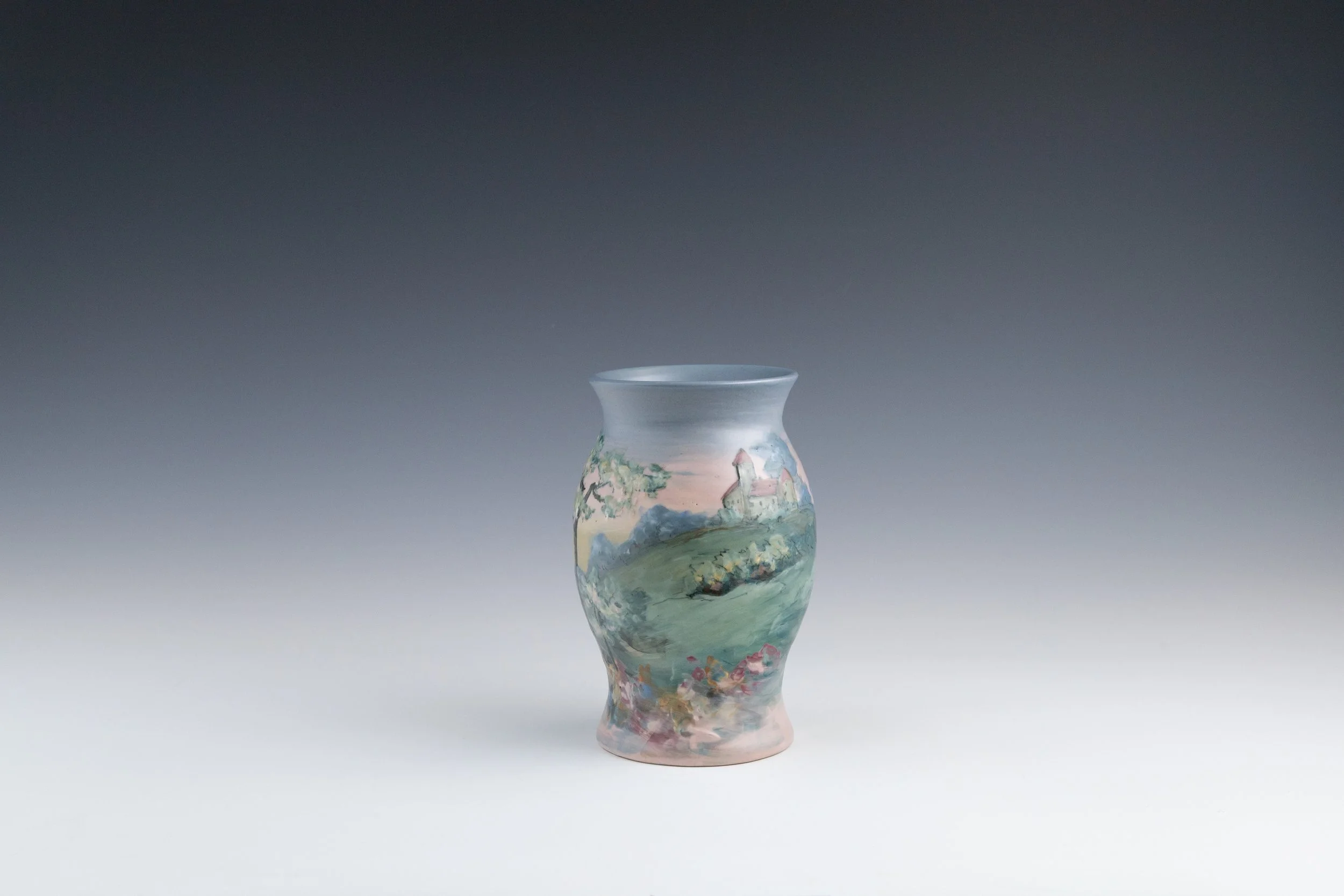 Weller Pottery Company, Hudson (Numbered Scenics) Line Vase #39 Featuring a Castle on a Hill, decorated by Hester W. Pillsbury (1862-1951), late 1920s, earthenware.