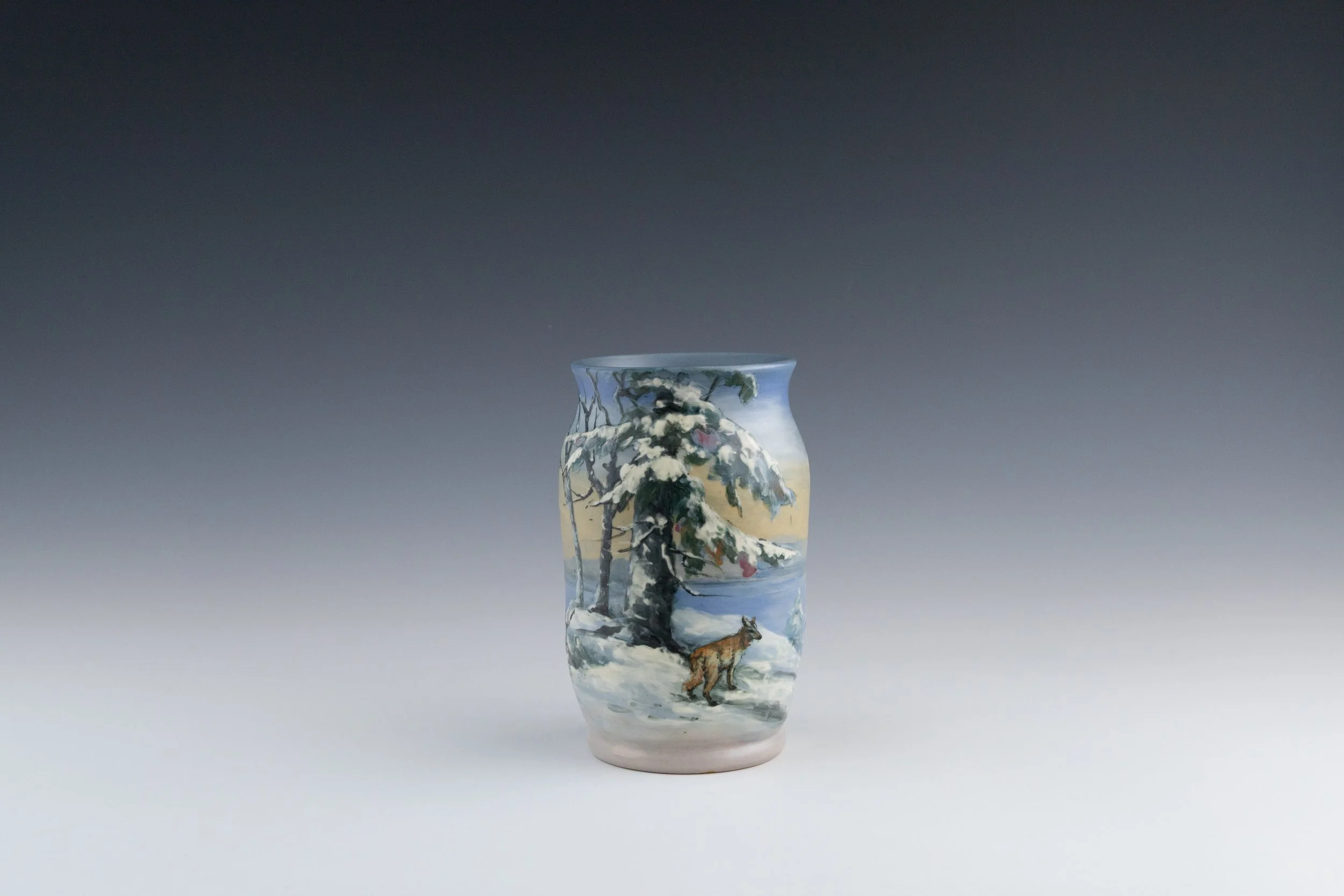 Weller Pottery Company, Hudson (Numbered Scenics) Line Vase #43 Featuring a Fox in a Winter Landscape, decorated by Hester W. Pillsbury (1862-1951), late 1920s, earthenware.