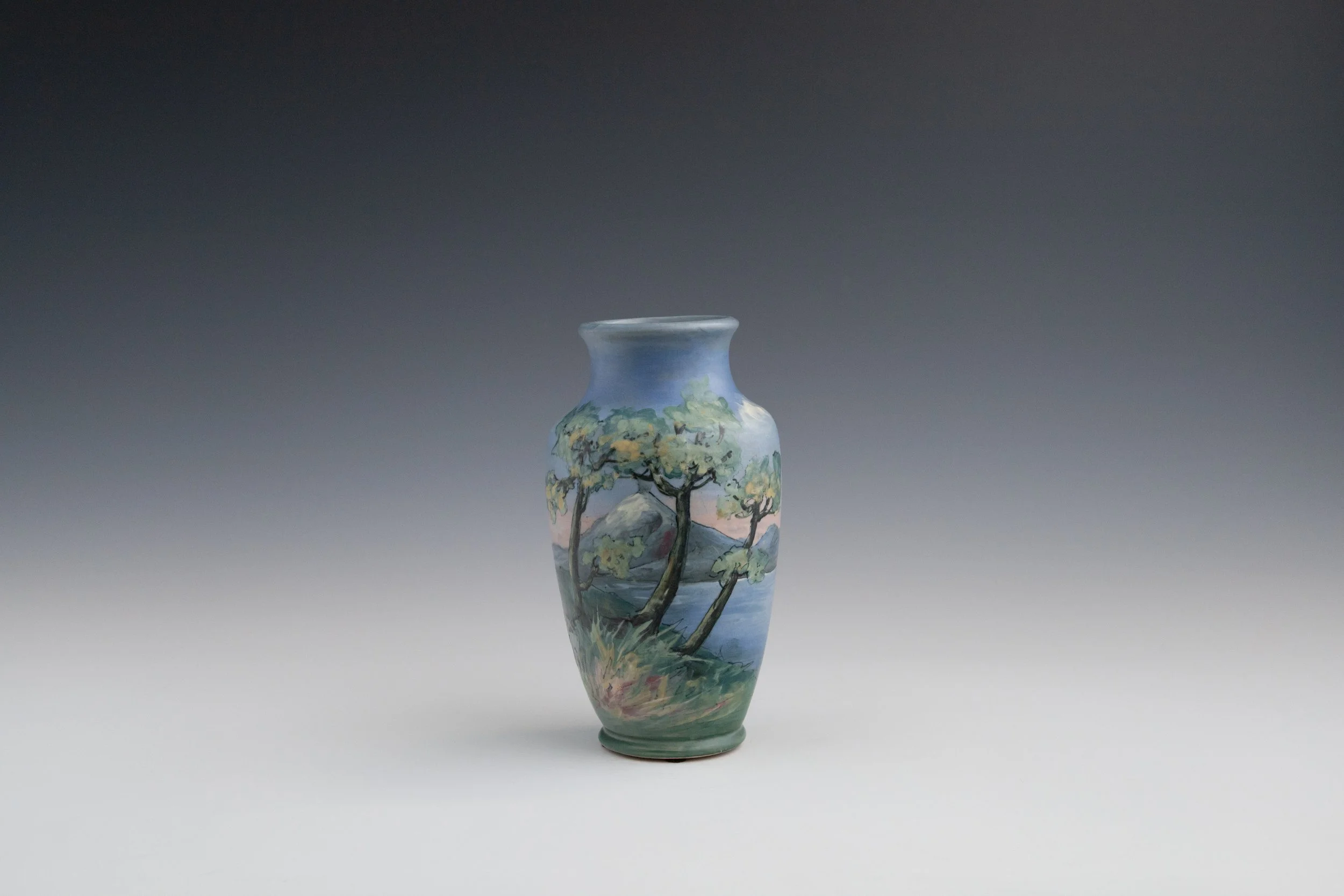 Weller Pottery Company, Hudson (Numbered Scenics) Line Vase #46 Featuring a Smoking Volcano, decorated by Hester W. Pillsbury (1862-1951), late 1920s, earthenware.