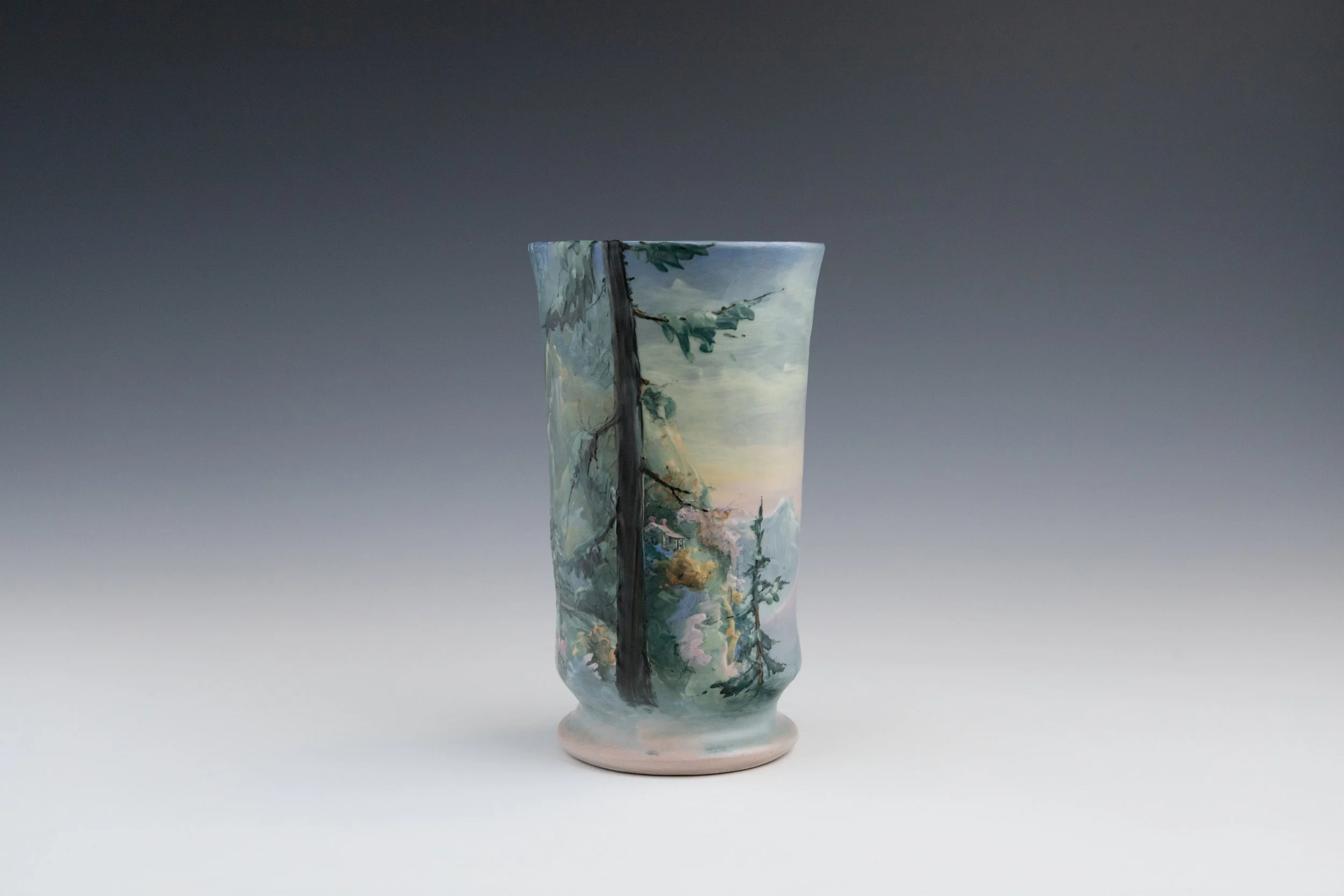 Weller Pottery Company, Hudson (Numbered Scenics) Line Vase #30 Featuring a Fall Landscape, decorated by Mae Timberlake (1870-?), late 1920s, earthenware.