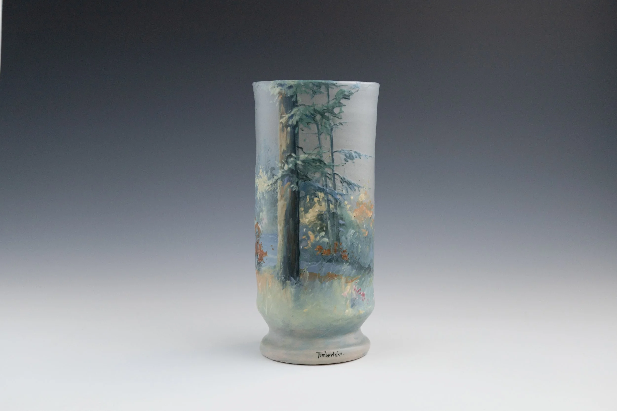 Weller Pottery Company, Hudson (Numbered Scenics) Line Vase #18 Featuring a Spring Landscape, decorated by Mae Timberlake (1870-?) , late 1920s, earthenware.