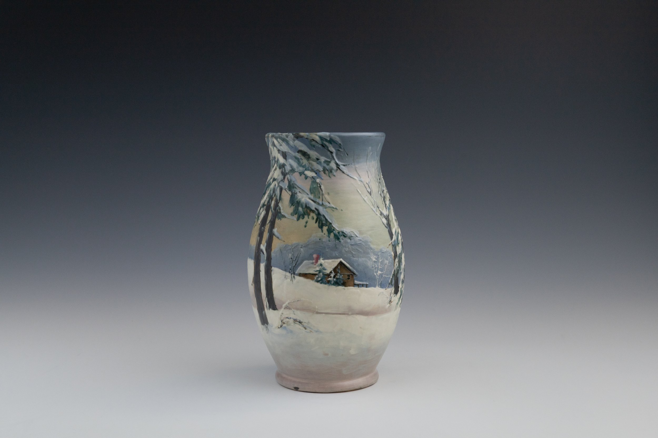 Weller Pottery Company, Hudson (Numbered Scenics) Line Vase #25 Featuring a Winter Mountainscape, decorated by Mae Timberlake (1870-?), late 1920s, earthenware.