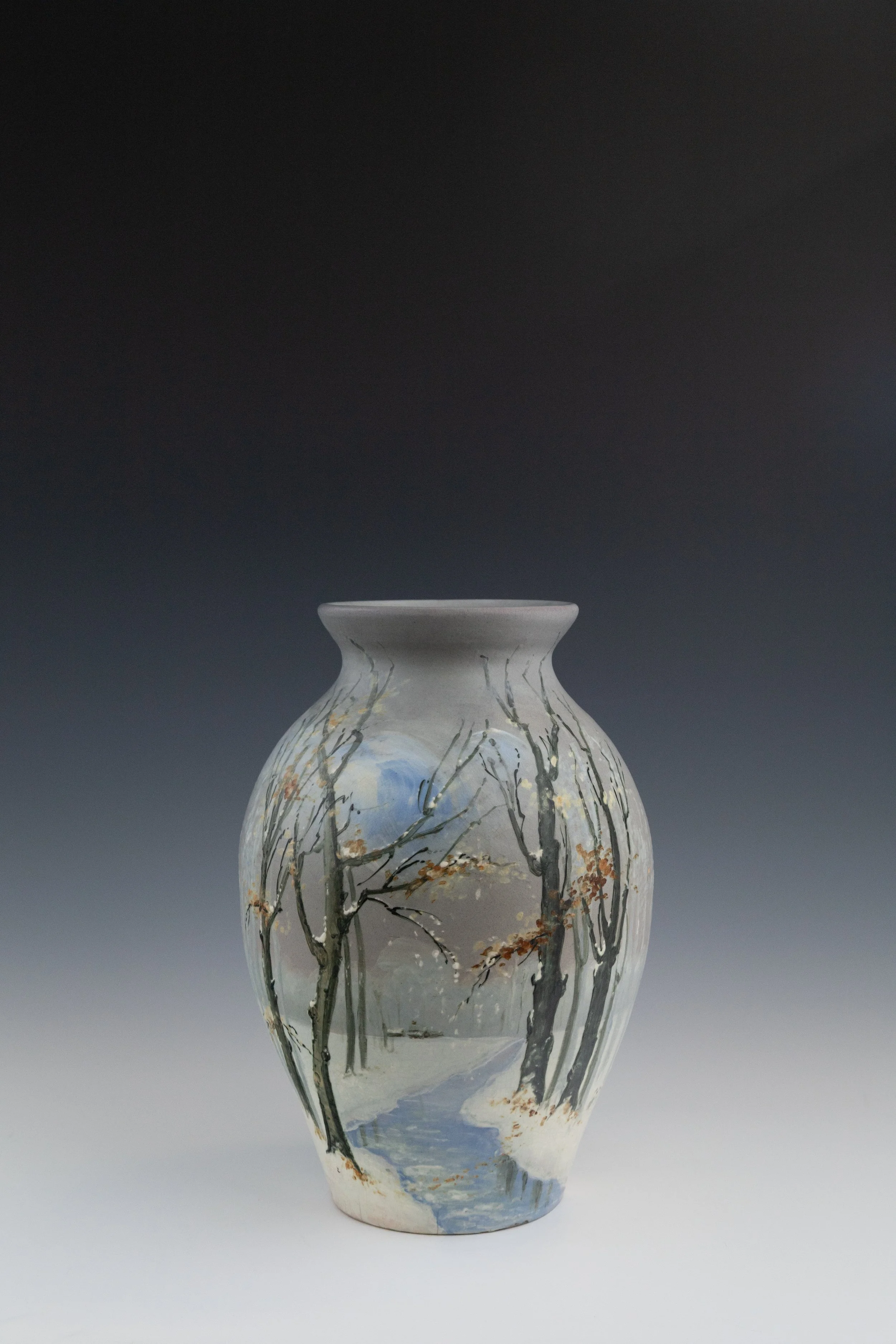 Weller Pottery Company, Hudson (Numbered Scenics) Line Vase #3 Featuring a Winter Scene with House in Distance, decorated by Sarah R. McLaughlin (1885-1939), circa 1920, earthenware.