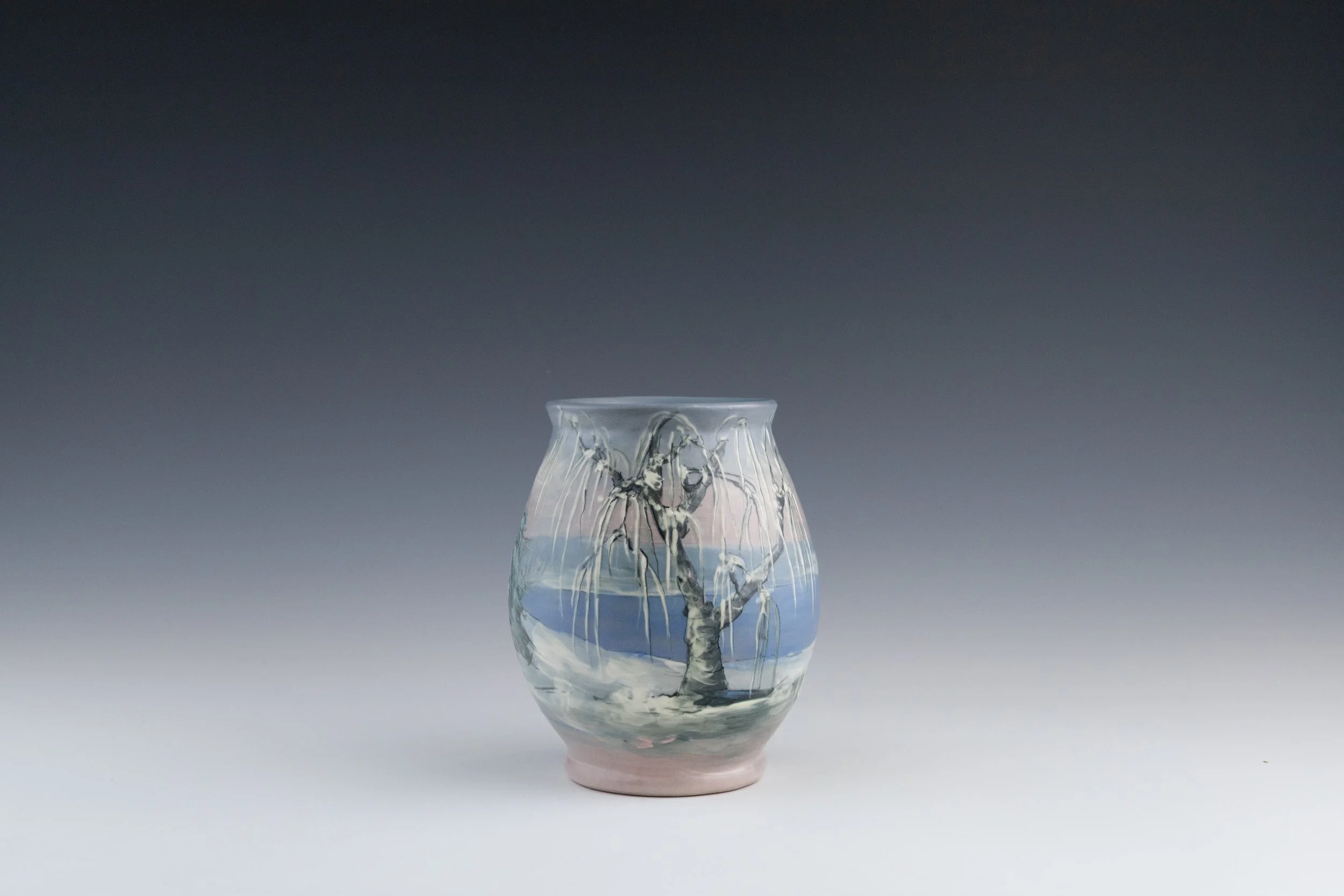 Weller Pottery Company, Hudson (Numbered Scenics) Line Vase #24 Featuring a Winter Landscape with a Waterway, decorated by Hester W. Pillsbury (1862-1951), late 1920s, erathenware.