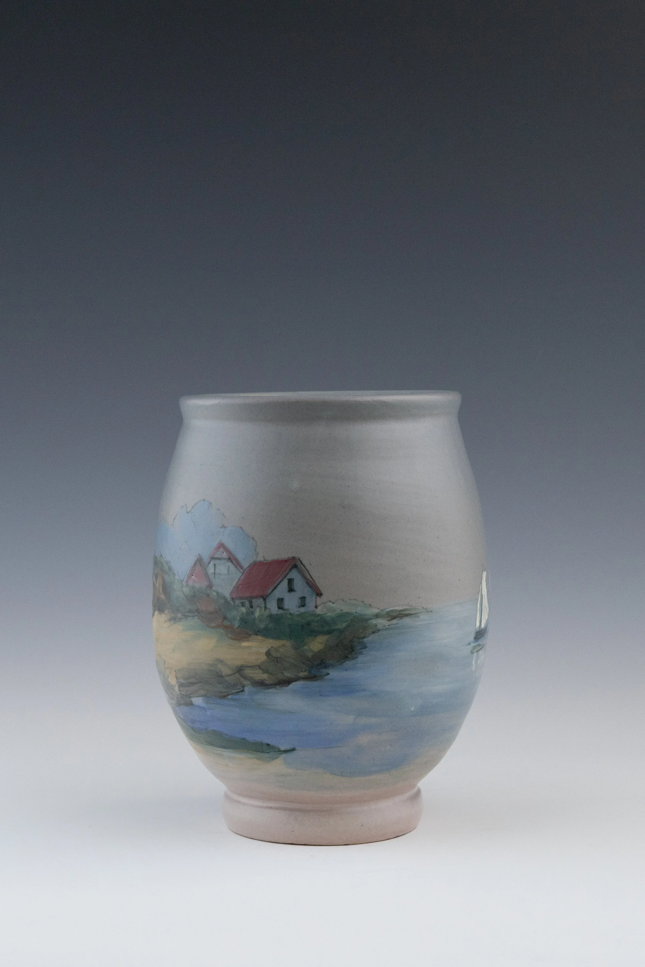 Weller Pottery Company, Hudson (Numbered Scenics) Line Vase #7 Featuring a New England Scene, decorated by Hester W. Pillsbury (1862-1951), late 1920s, earthenware.