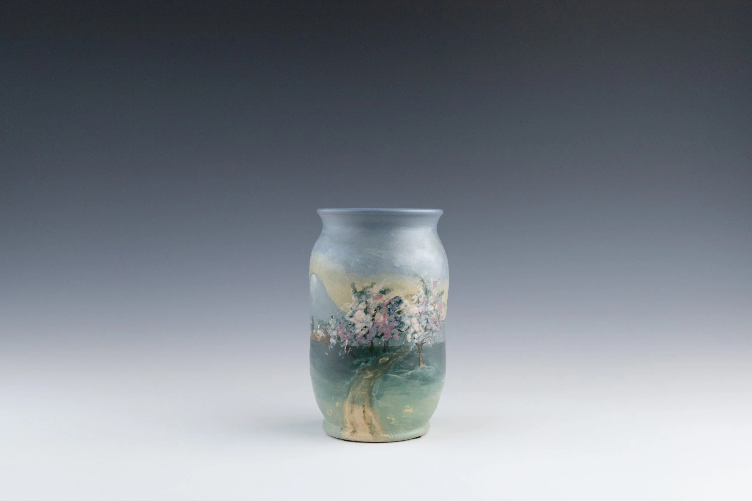 Weller Pottery Company, Hudson (Numbered Scenics) Line Vase #22 Featuring a Colorful Landscape, decorated by Sarah R. McLaughlin (1885-1939), late 1920s, earthenware.