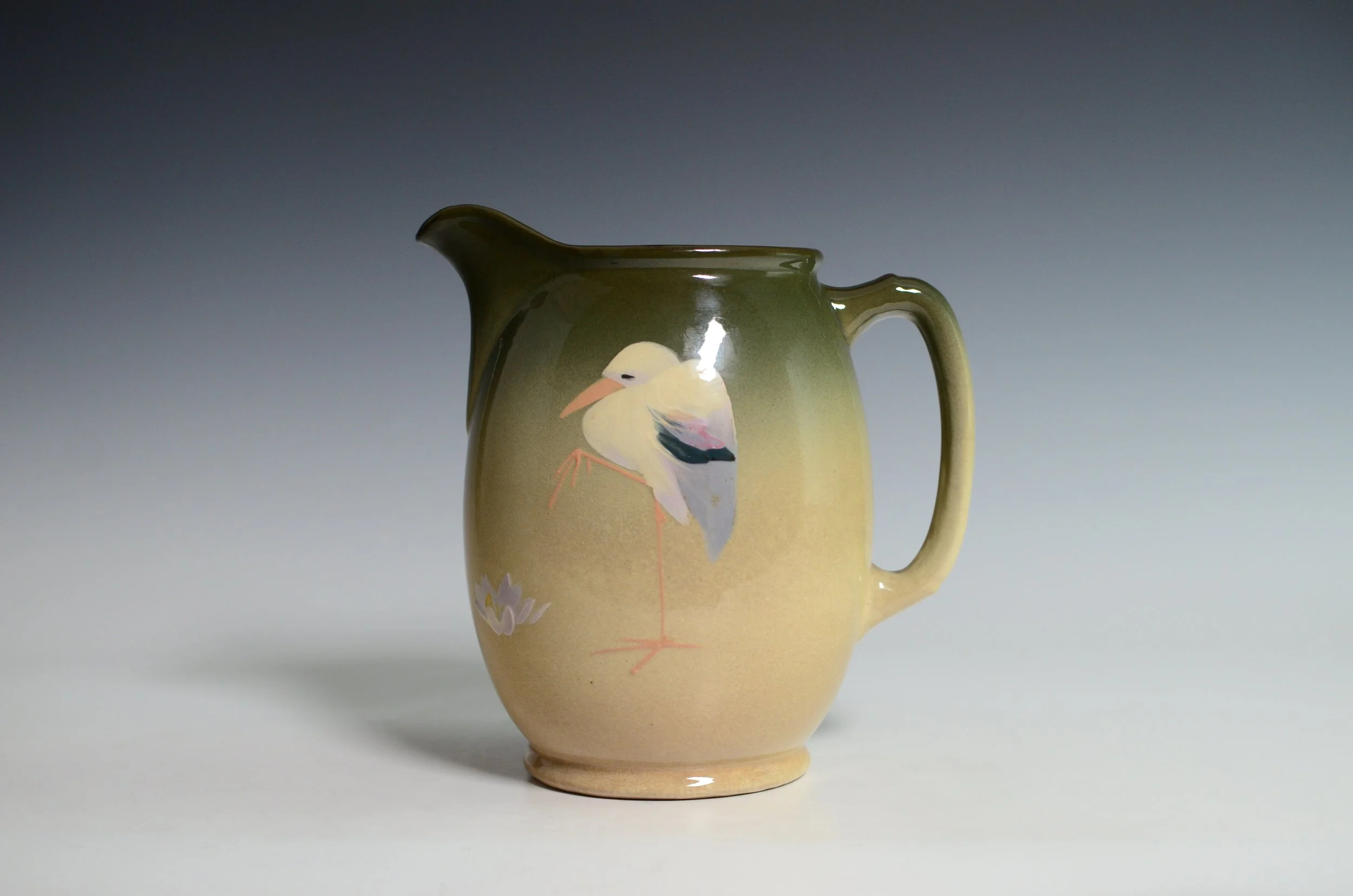 J. B. Owens Pottery Company (1885-1907). Lotus Pitcher with a Wading Bird.