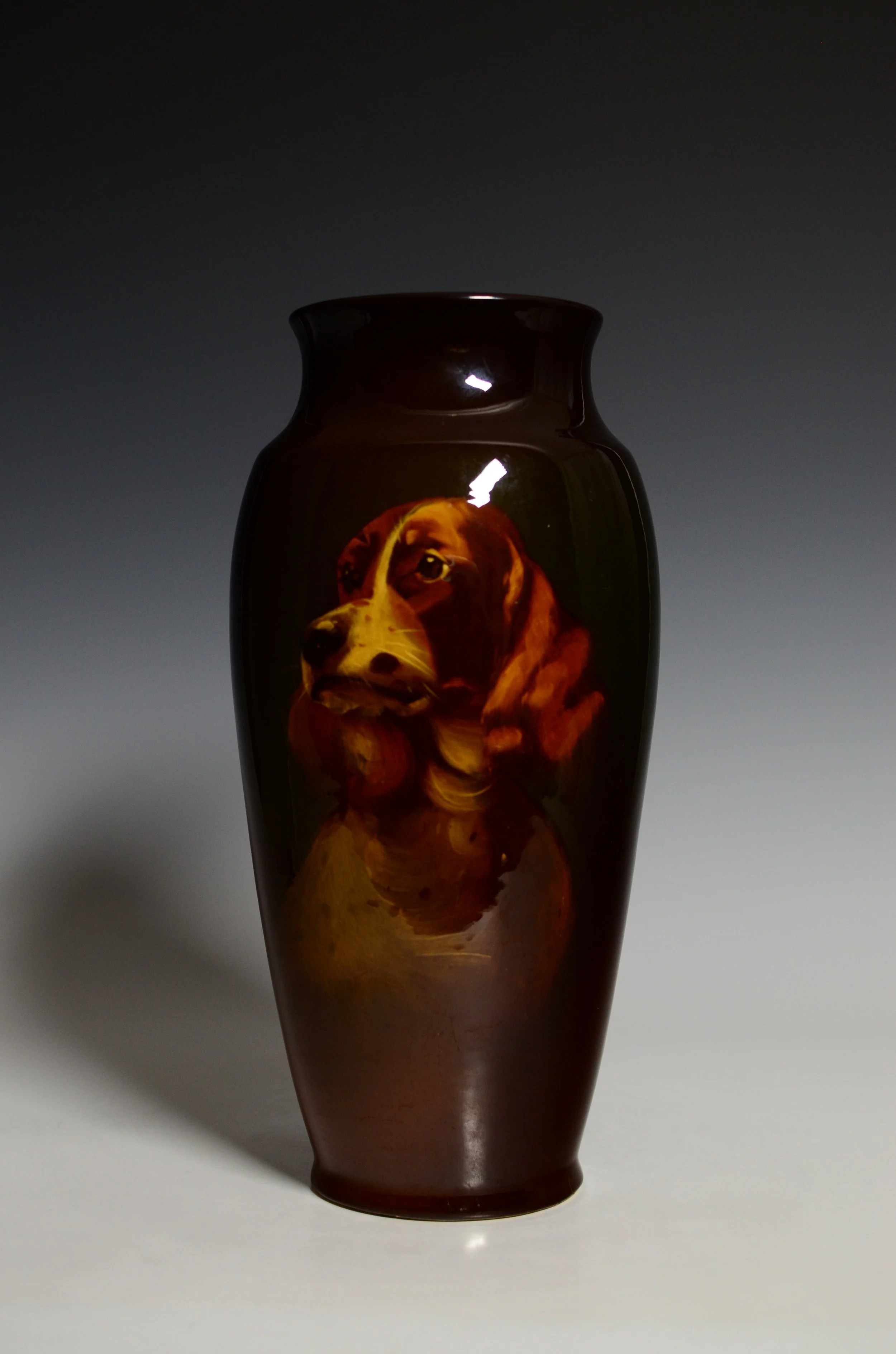 J. B. Owens Pottery Company (1885-1907). Utopian Vase in Brown with Portrait of an English Springer Spaniel