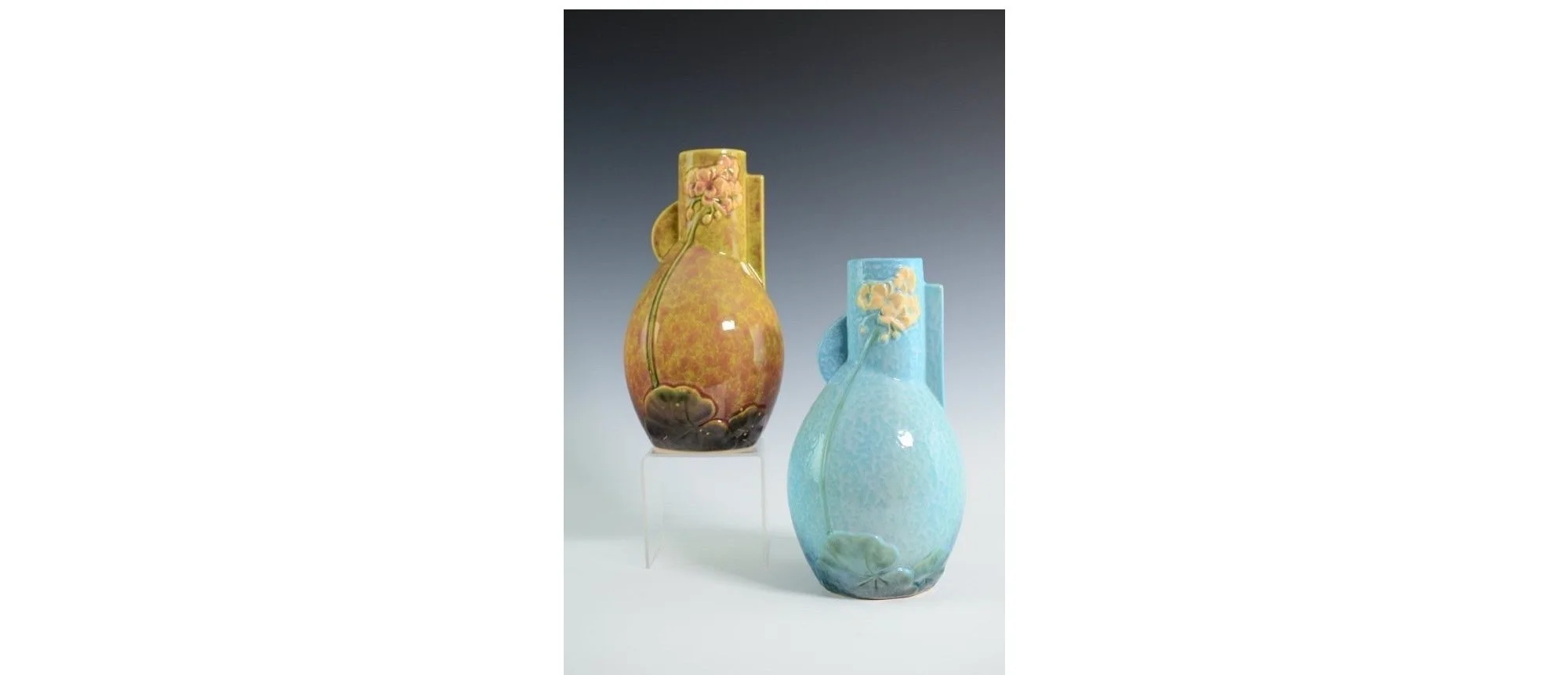 ZMA Puzzler!: Two Wincraft Vases, one in Azure Blue and one in a Trial Glaze, by the Roseville Pottery Company 