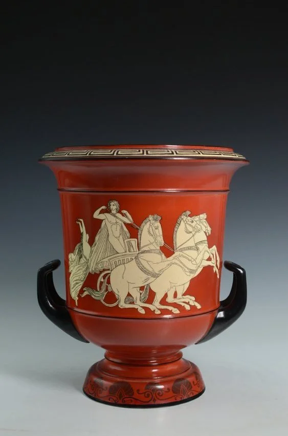 ZMA Puzzler!: Rozane Olympic Krater Vase Featuring Lampetia Complaining to Apollo by the Roseville Pottery Company
