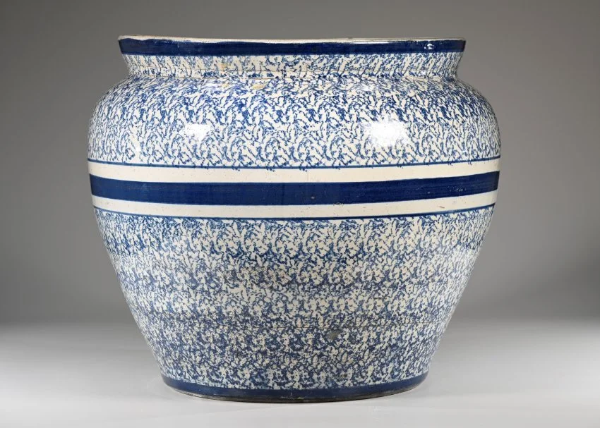 ZMA Puzzler!: Sixty-Gallon Jardinière with Blue Sponge Glaze by the Zanesville Stoneware Company