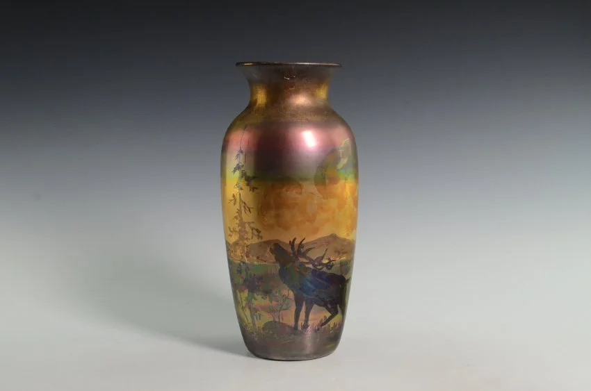 ZMA Puzzler!: LaSa Vase in a Rose and Gold Luster Glaze Featuring a Landscape and Elk